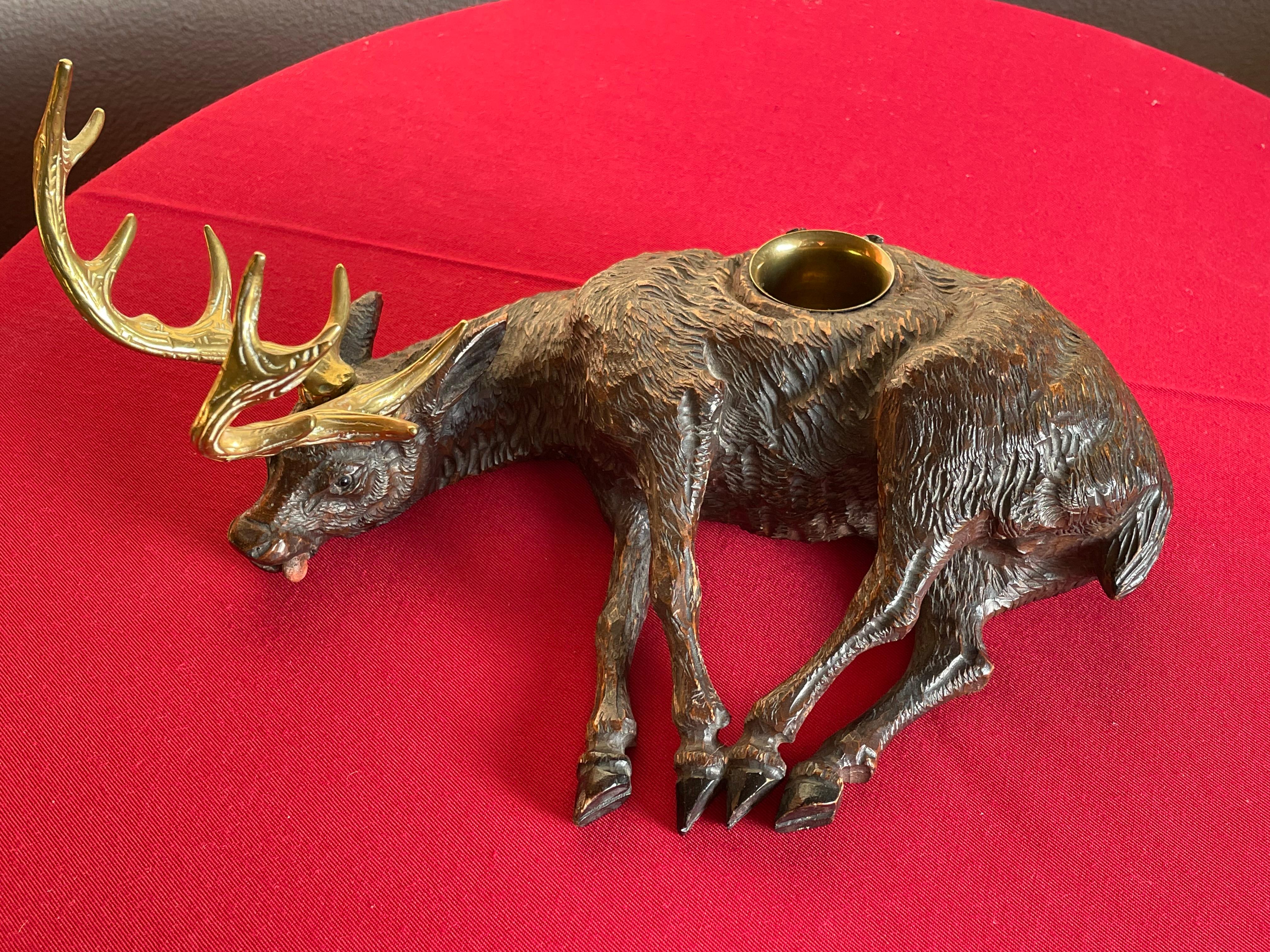 Brass Top Quality Carved Antique Swiss Black Forest Exhausted Stag Sculpture Inkstand For Sale