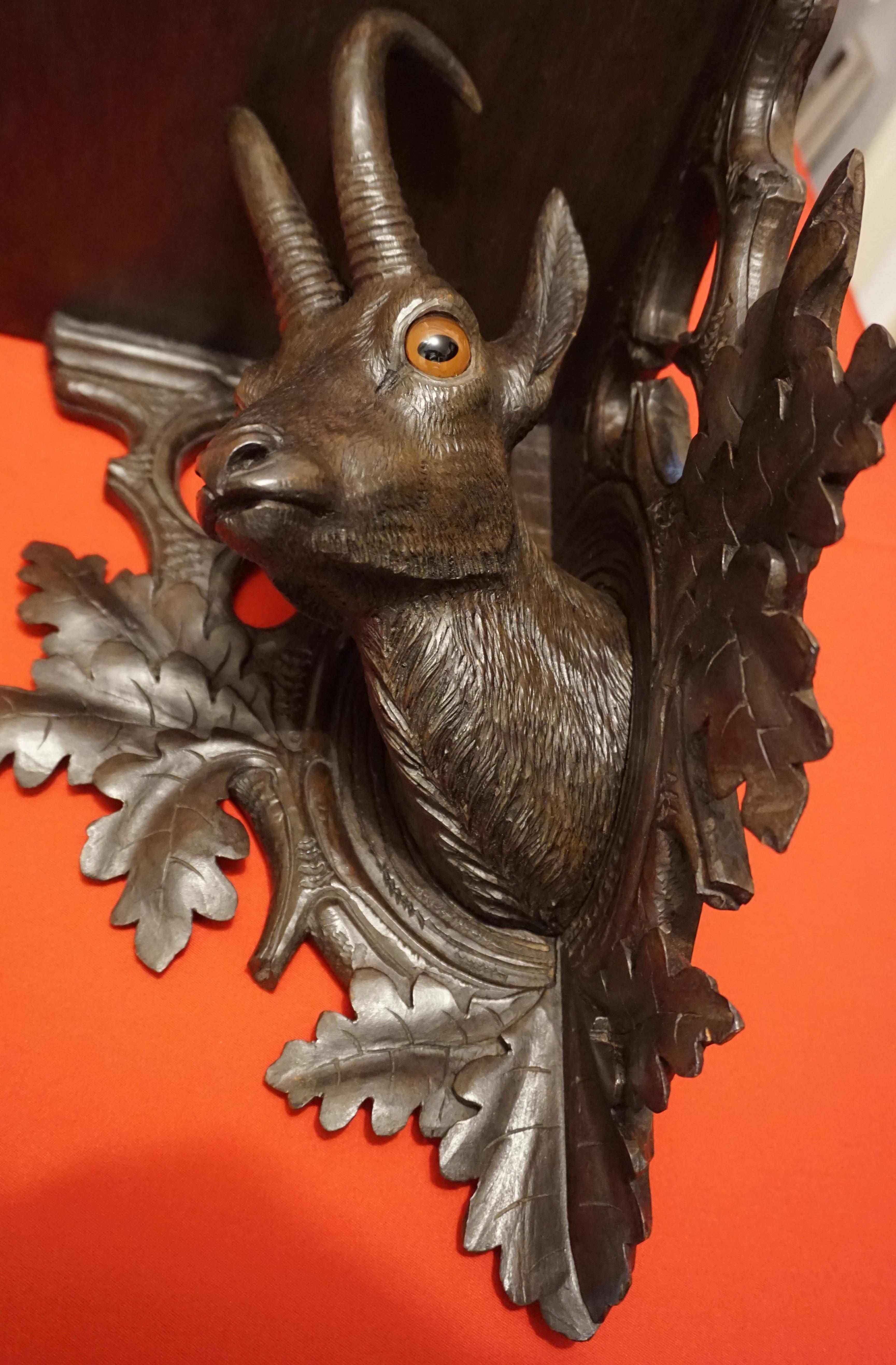 Top Quality Carved Antique Swiss Black Forest Linden Wood Ibex Corner Shelf For Sale 3