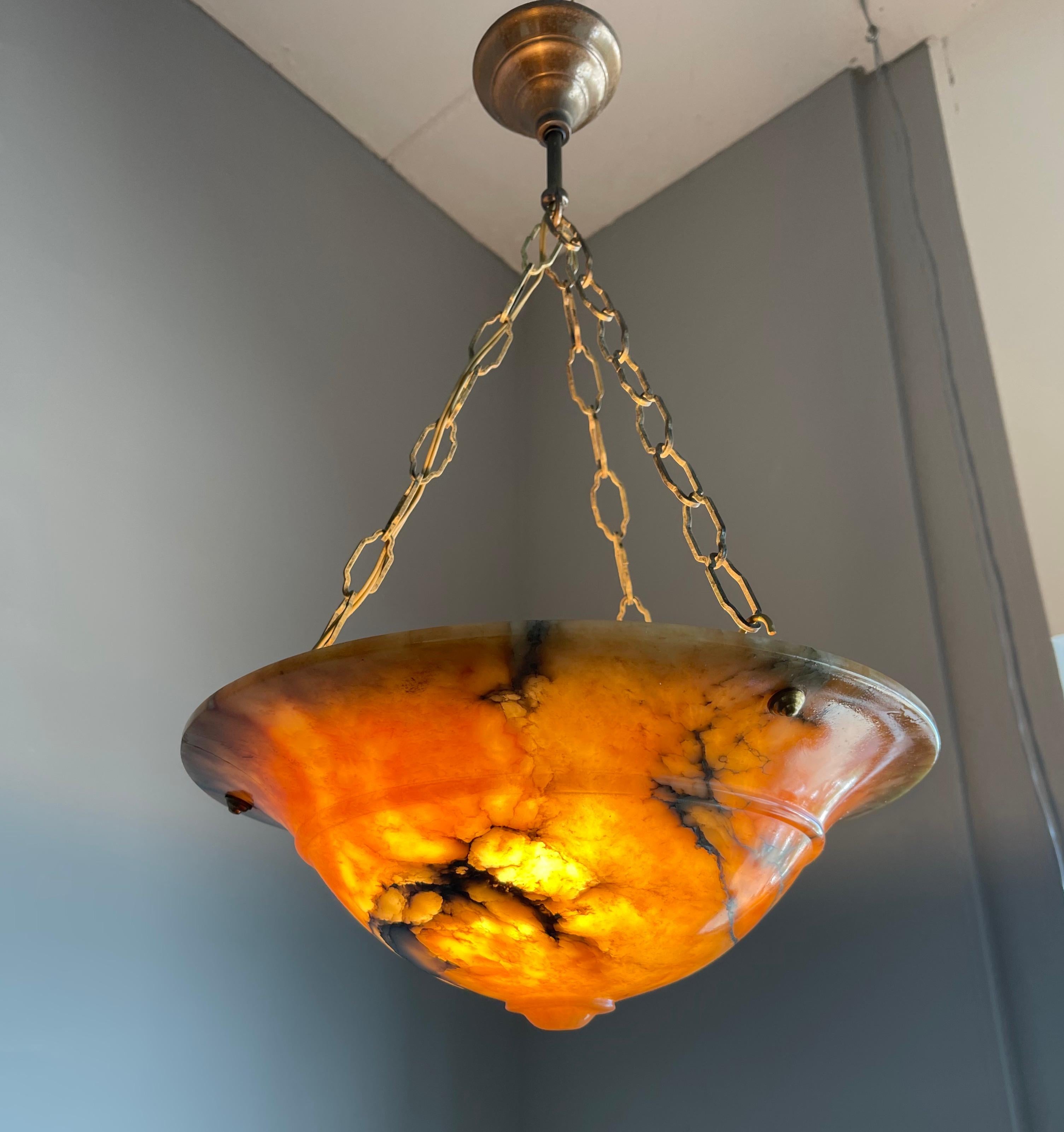 French Top Quality Carved & Great Color w. Black Veins Alabaster Art Deco Pendant Light For Sale