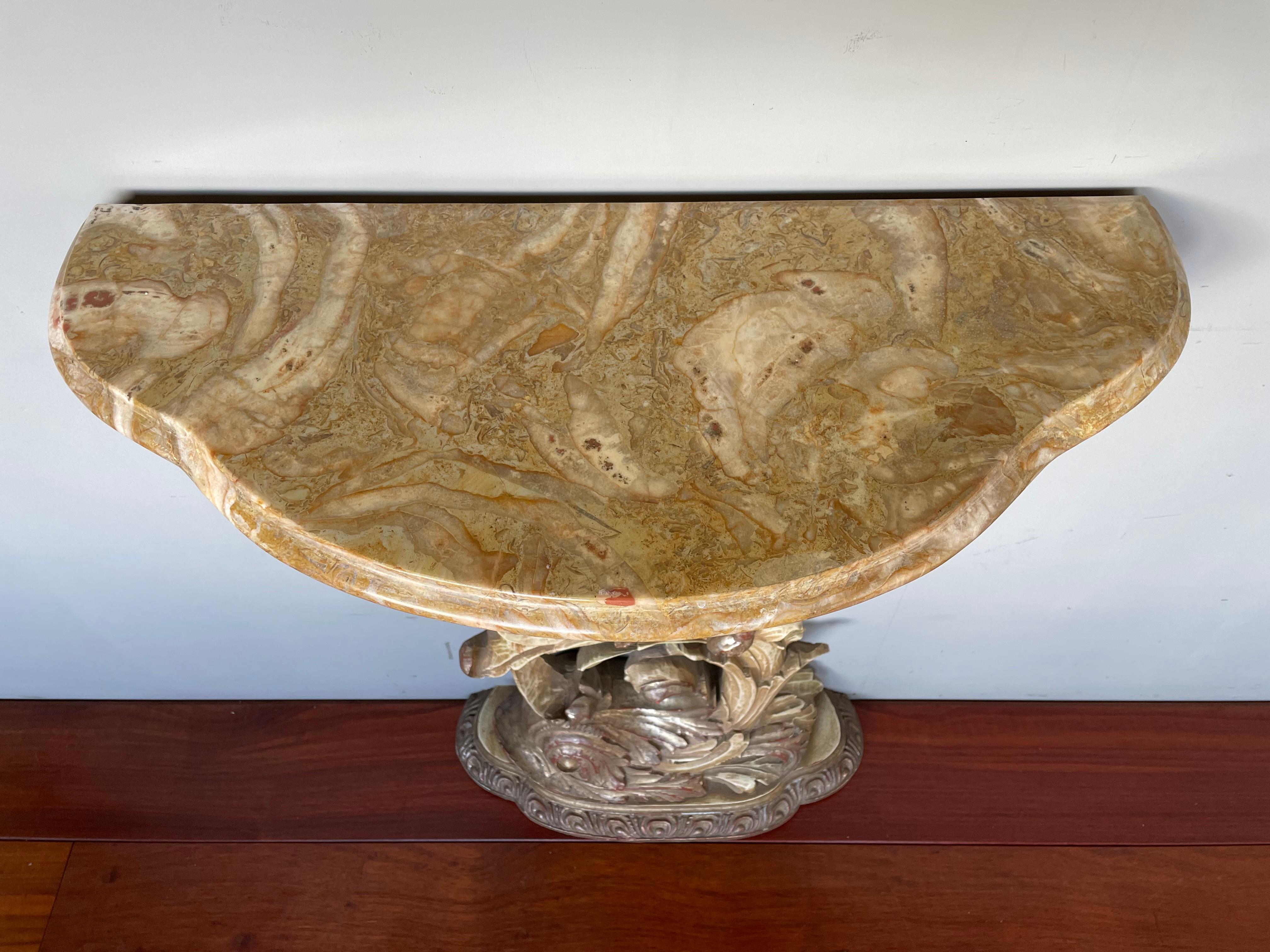 Italian Top Quality Carved Venetian Side Table w. Dolphin & Crab Sculpture & Marble Top
