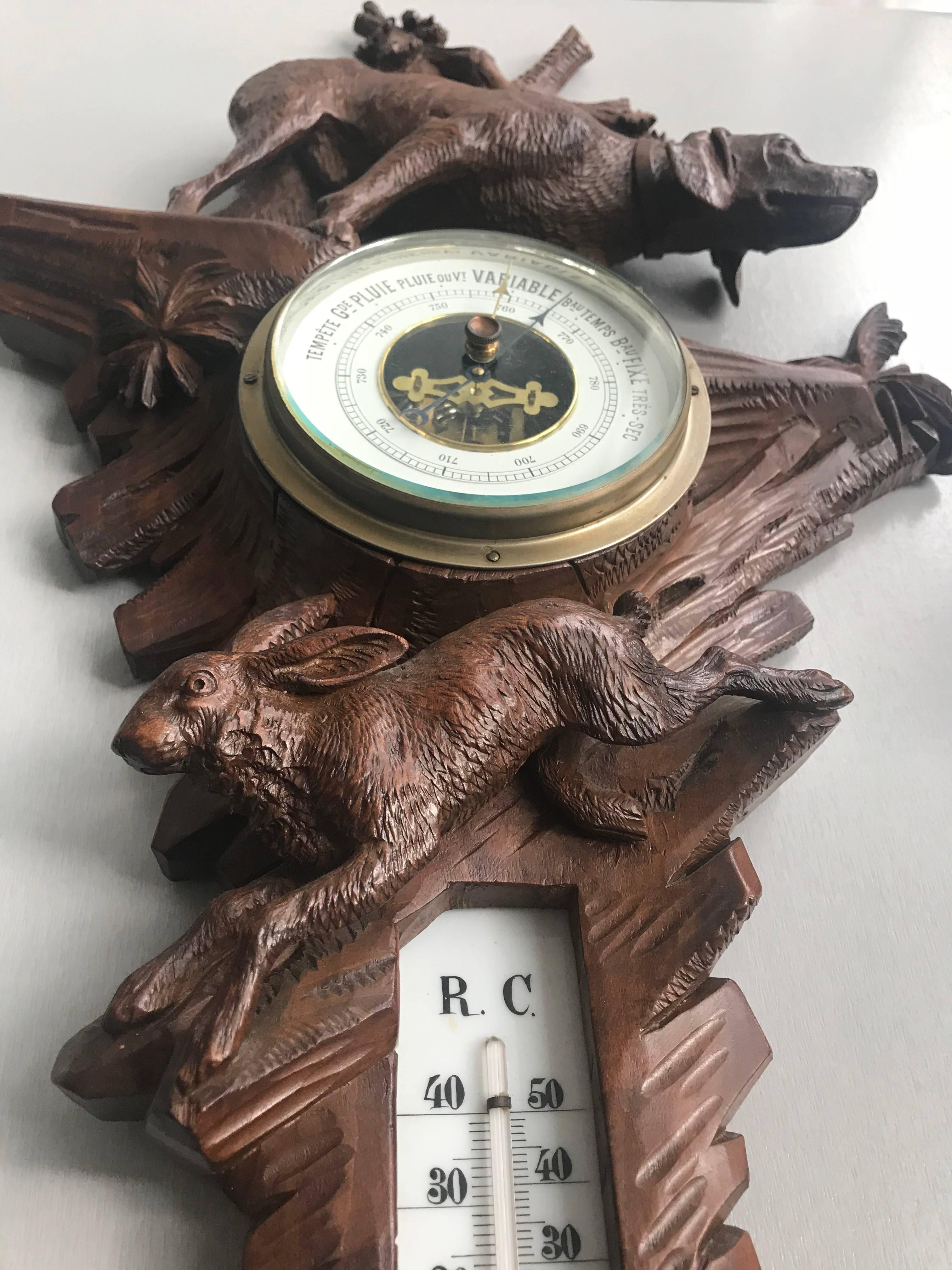 Top Quality Carved Walnut Antique Swiss Barometer Hunting Dog Hound Sculpture 7
