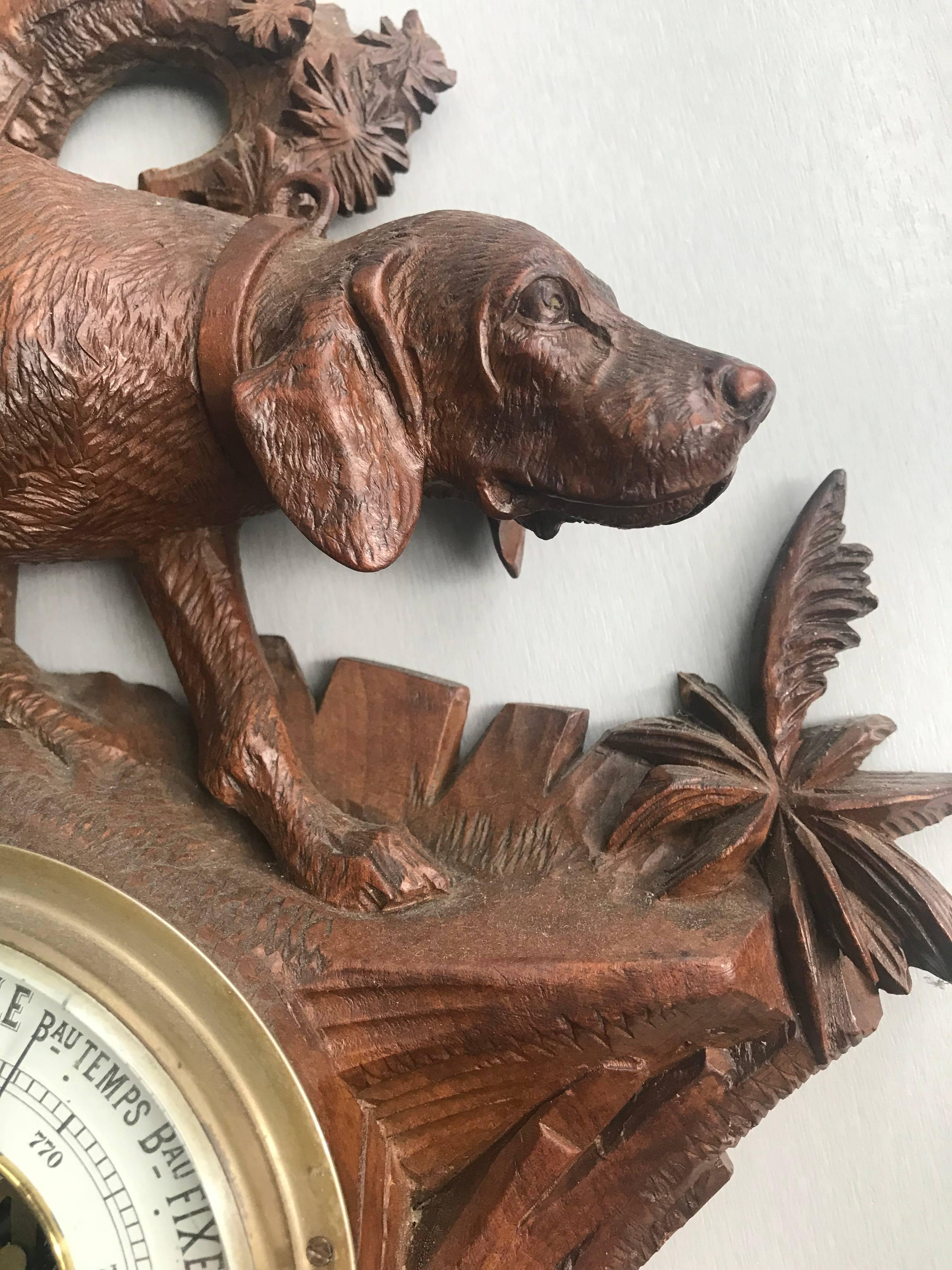 Black Forest Top Quality Carved Walnut Antique Swiss Barometer Hunting Dog Hound Sculpture