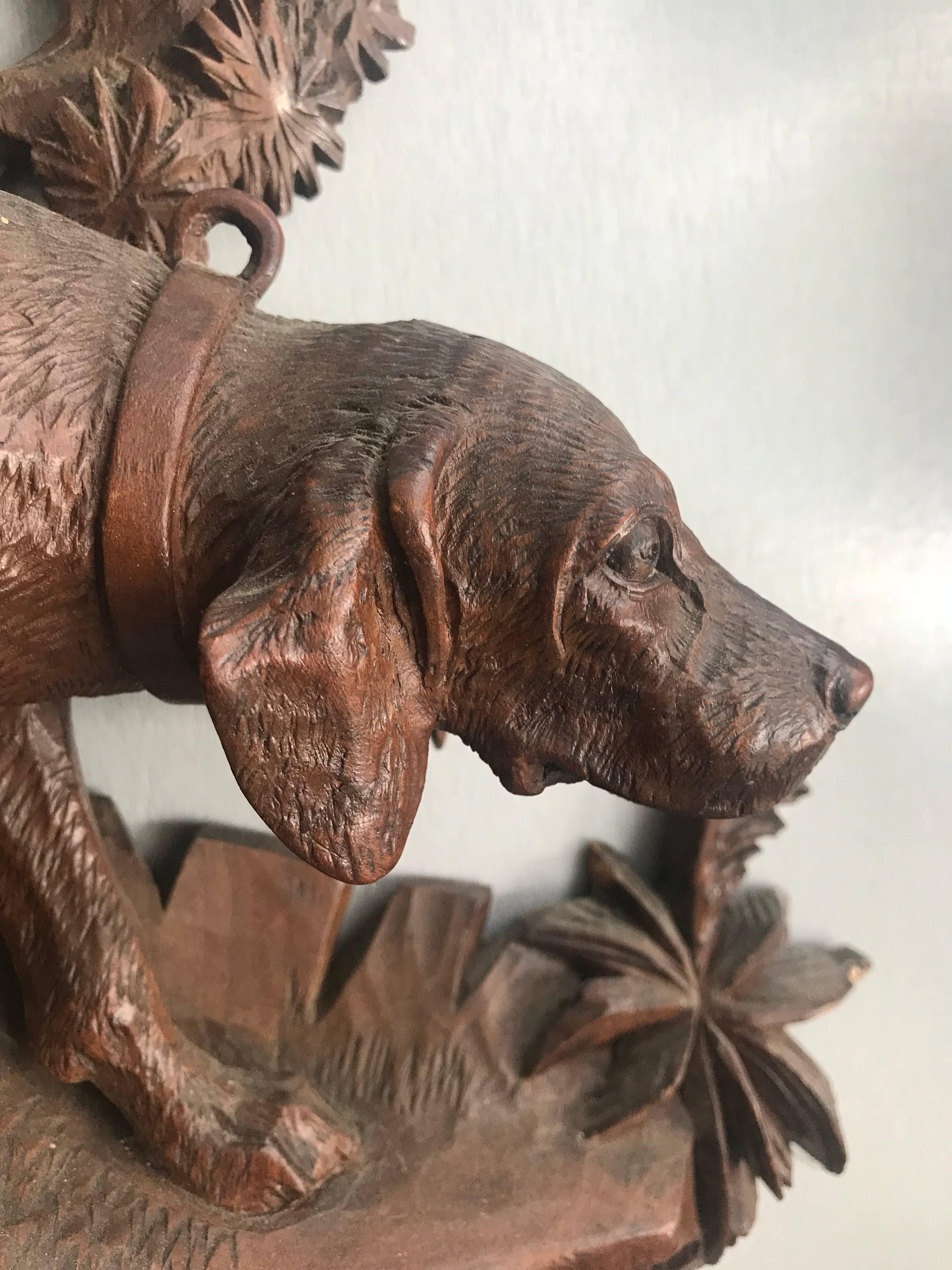 Hand-Carved Top Quality Carved Walnut Antique Swiss Barometer Hunting Dog Hound Sculpture