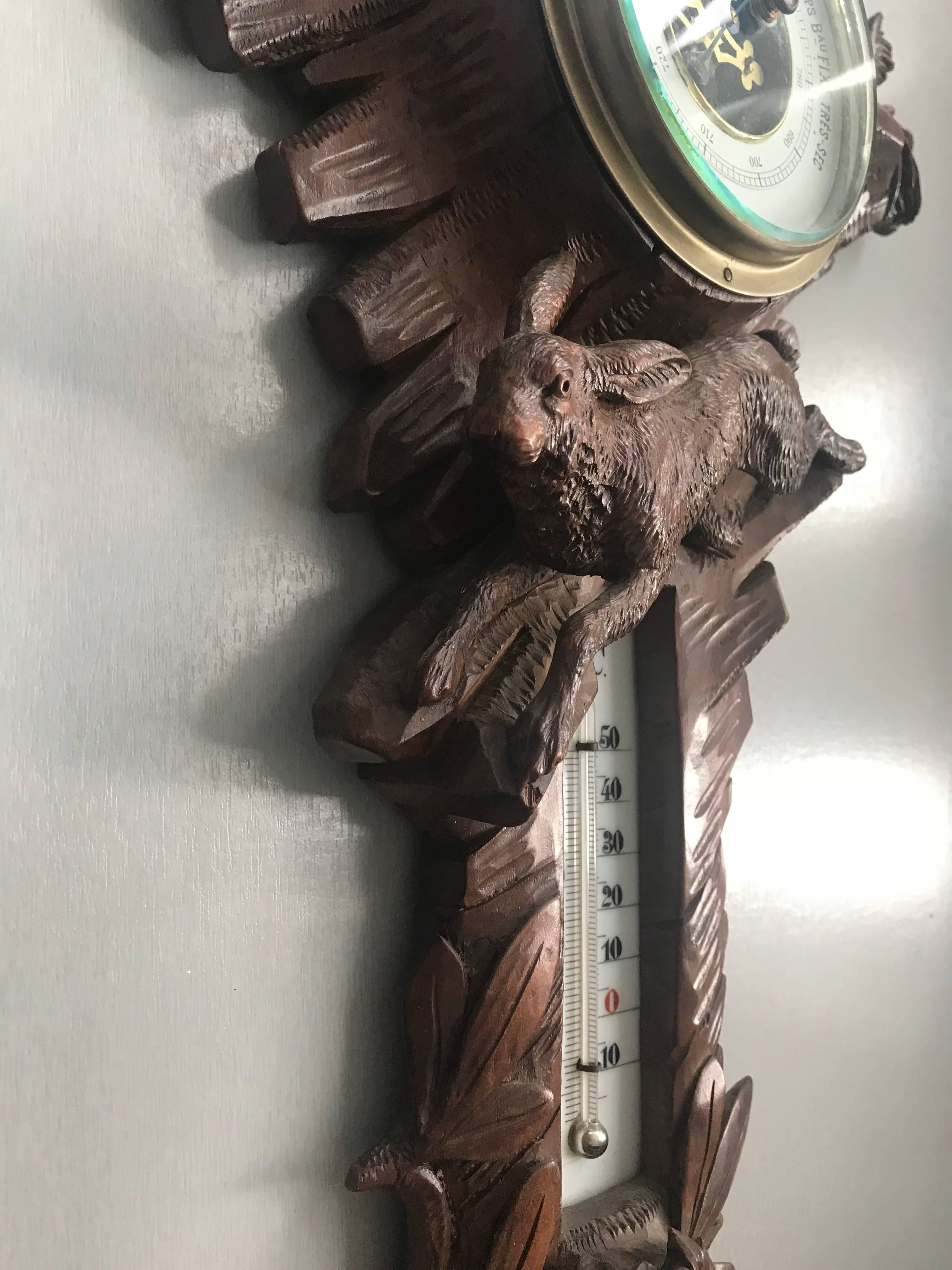 Top Quality Carved Walnut Antique Swiss Barometer Hunting Dog Hound Sculpture 1