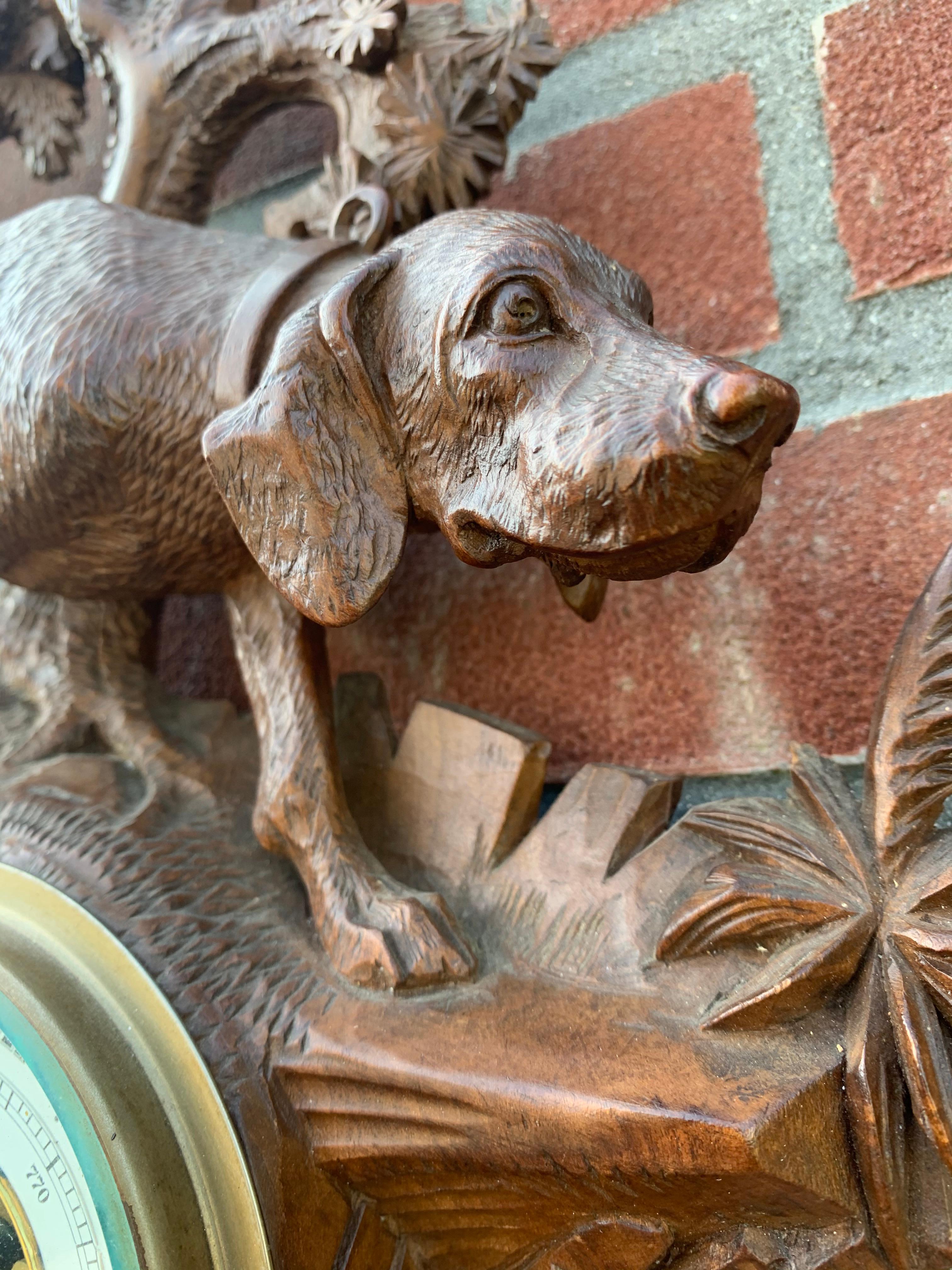 Top Quality Carved Walnut Antique Swiss Barometer Hunting Dog Hound Sculpture 4