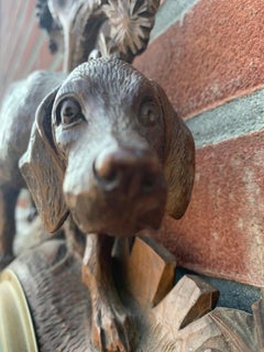 Top Quality Carved Walnut Antique Swiss Barometer Hunting Dog Hound Sculpture