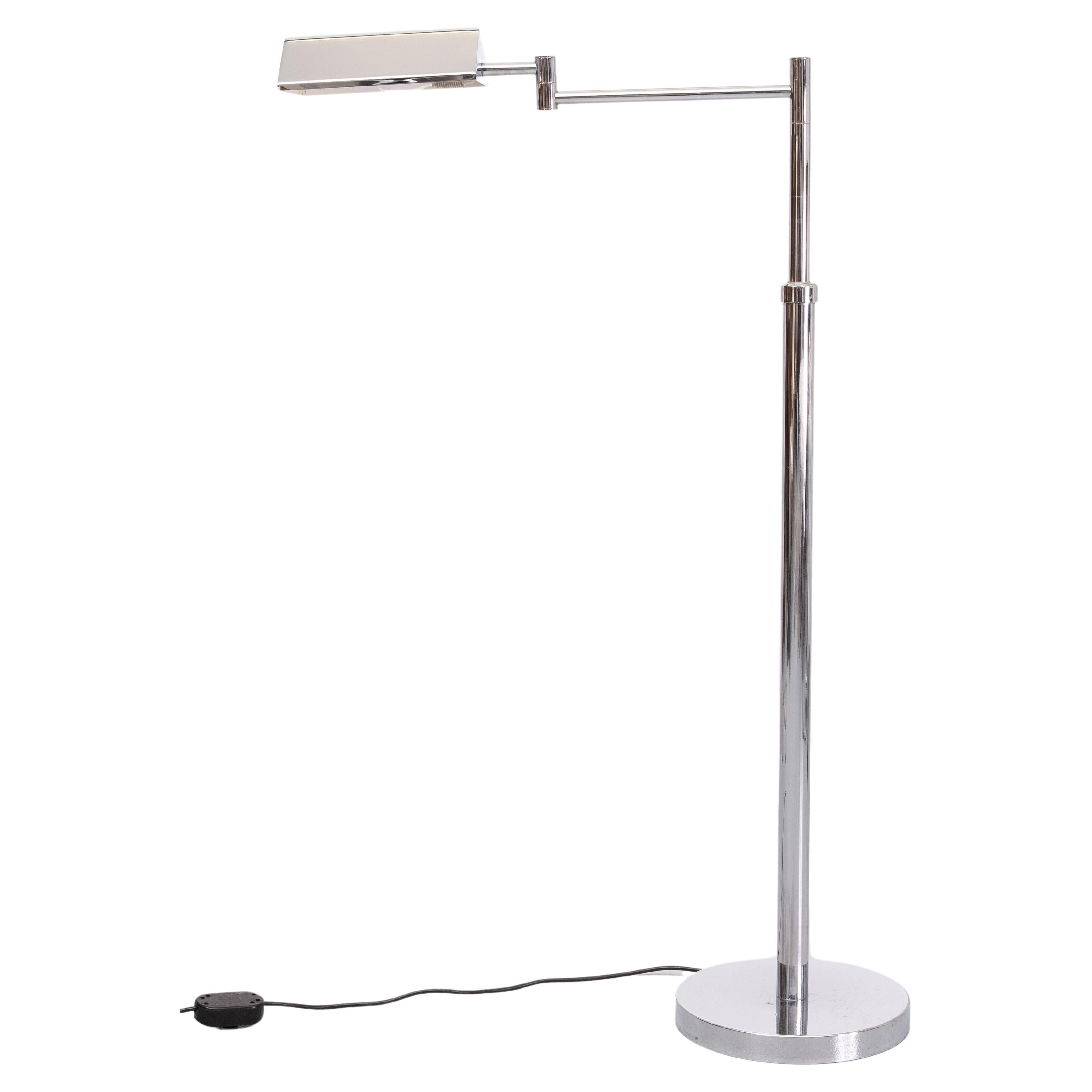 Top Quality Chrome Pharmacy floor lamp. Heavy cast Iron base .
thick chrome on Metal upright . Adjustable in height . 80 cm / 145 cm    Works perfect. 
One Large E27 bulb needed . so stylish.  wear on the base .