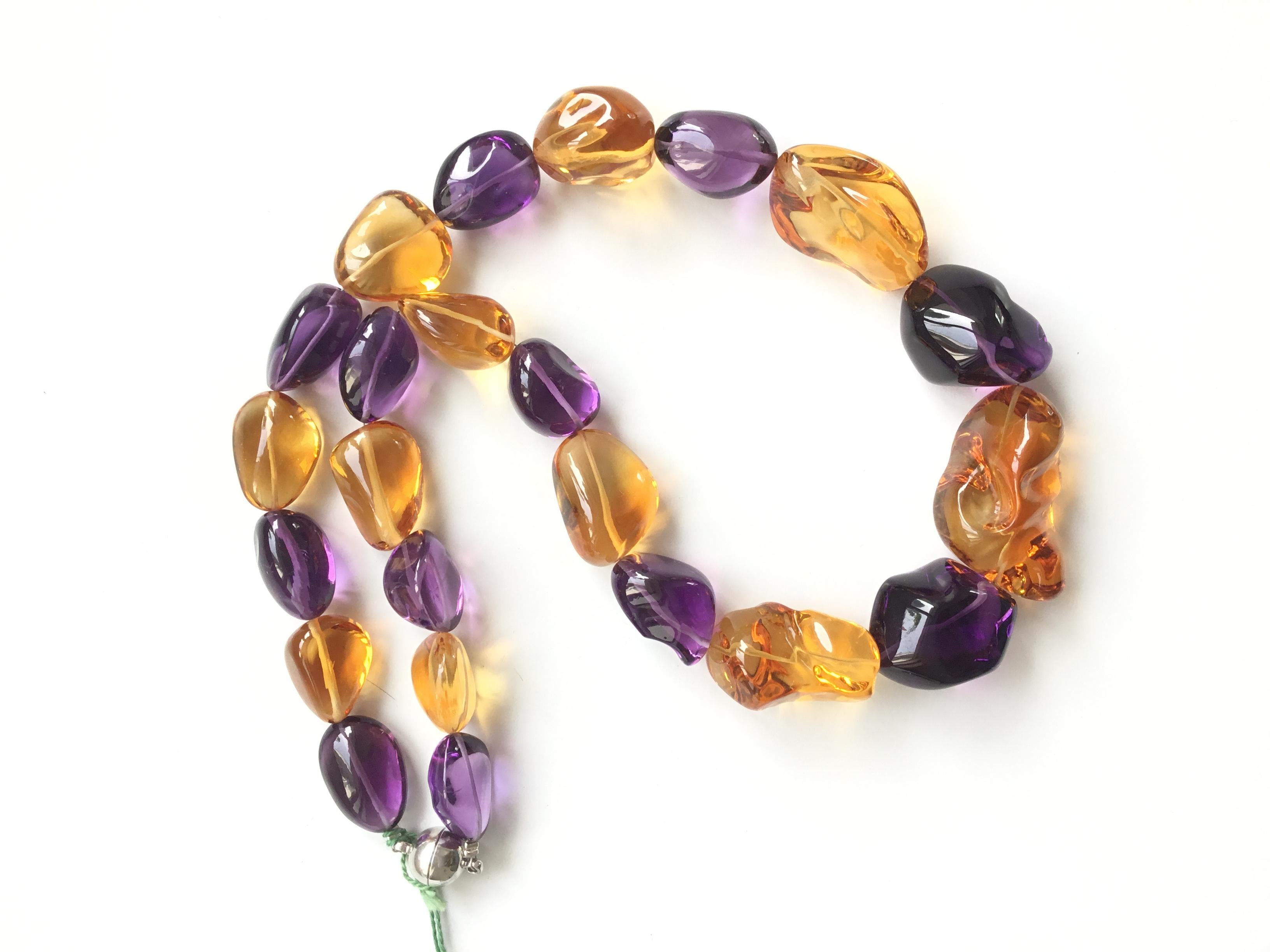 Women's or Men's Top Quality Citrine & Amethyst Plain Tumbled Natural Gemstone Necklace For Sale