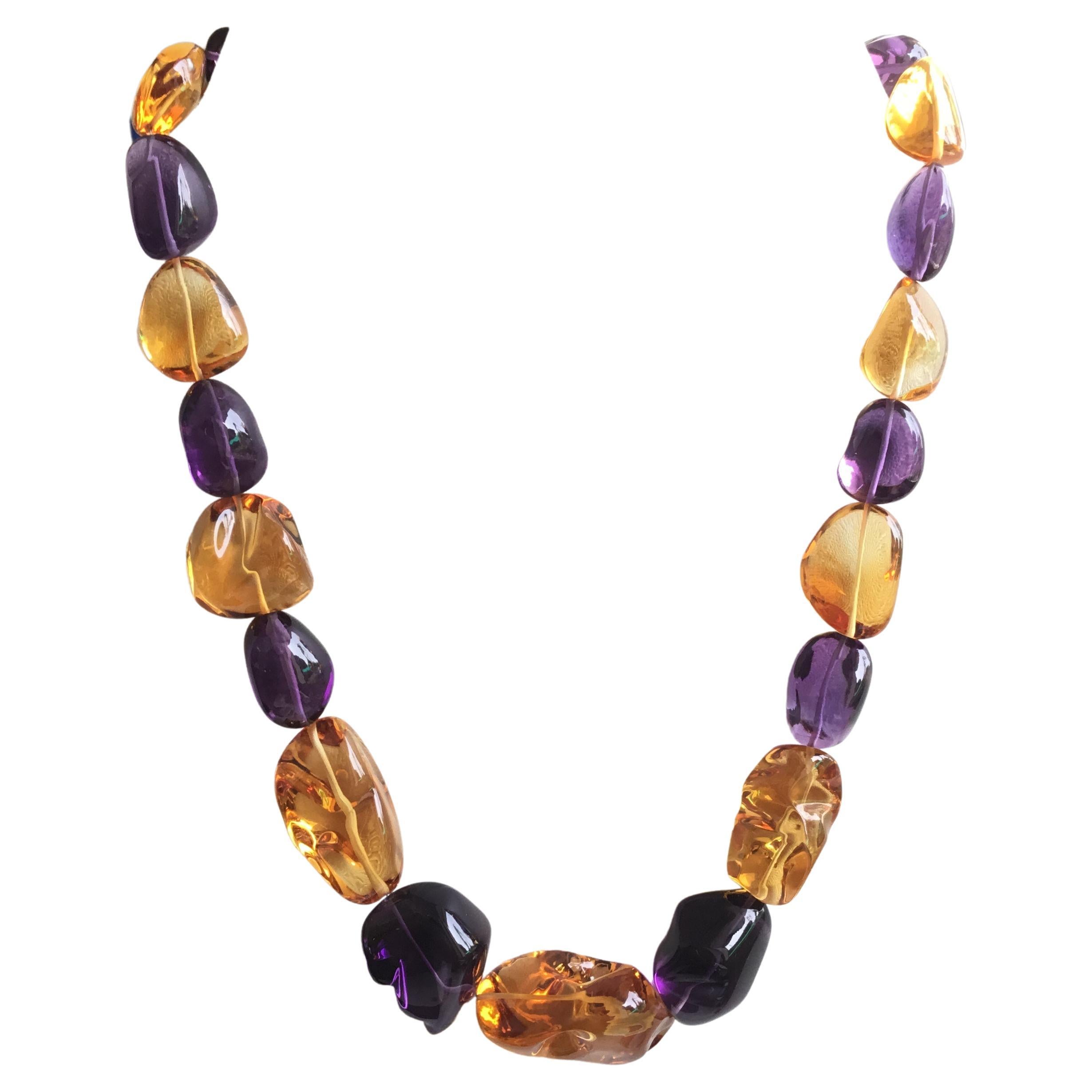 Top Quality Citrine & Amethyst Plain Tumbled Natural Gemstone Necklace For Sale