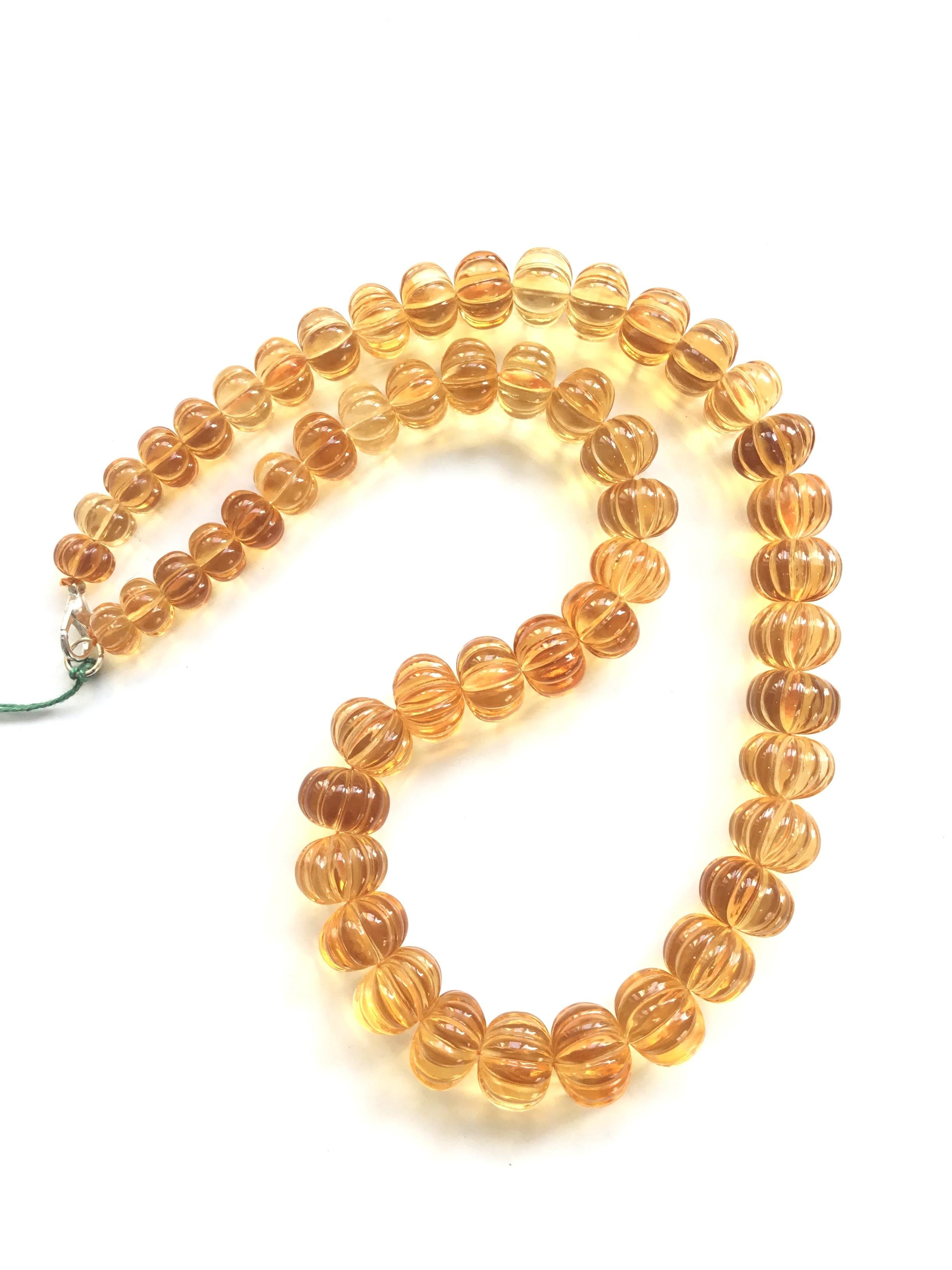 Top Quality Citrine Carved Melon Beads Natural Gemstone Necklace In New Condition For Sale In Jaipur, RJ