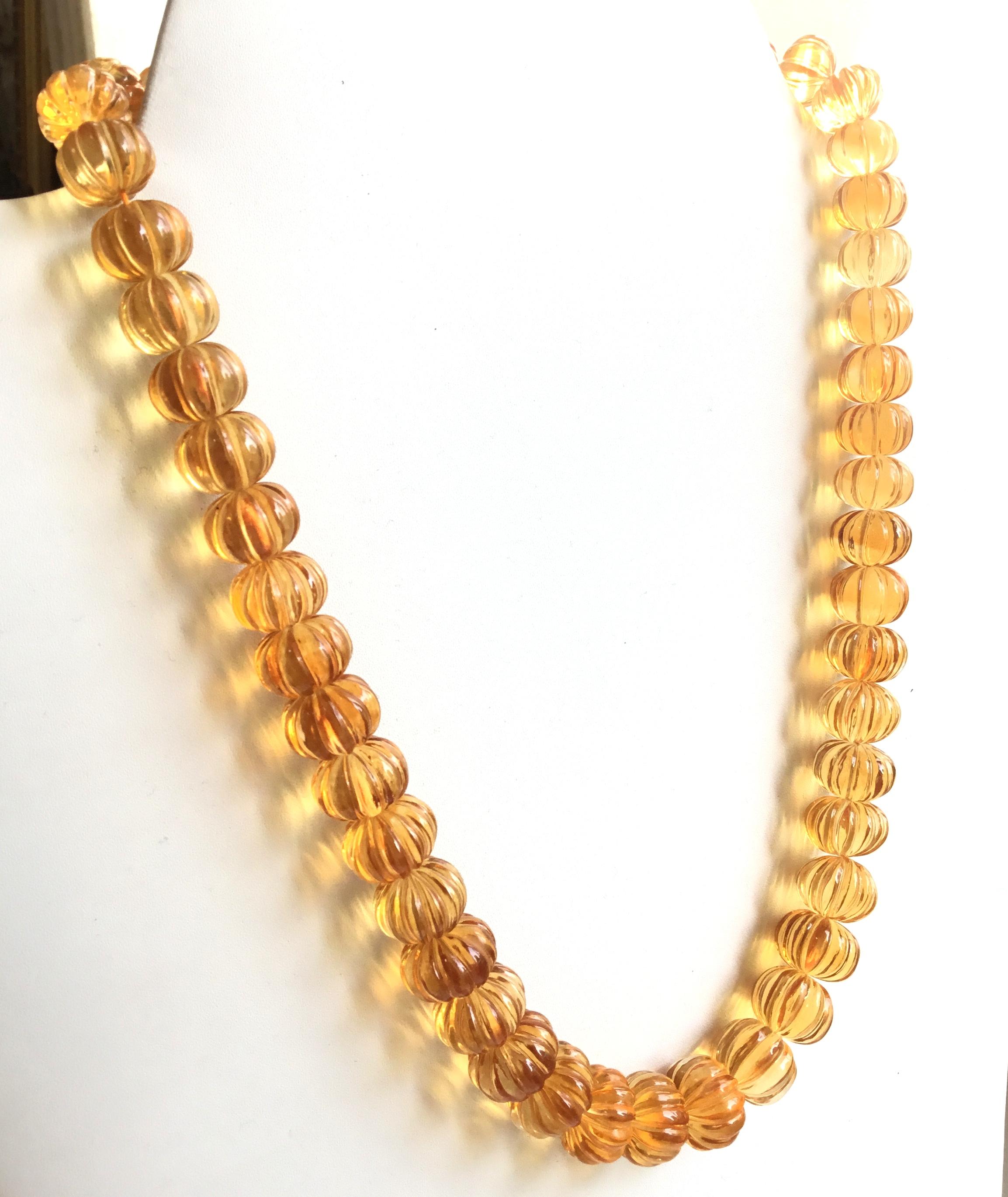 Women's or Men's Top Quality Citrine Carved Melon Beads Natural Gemstone Necklace For Sale