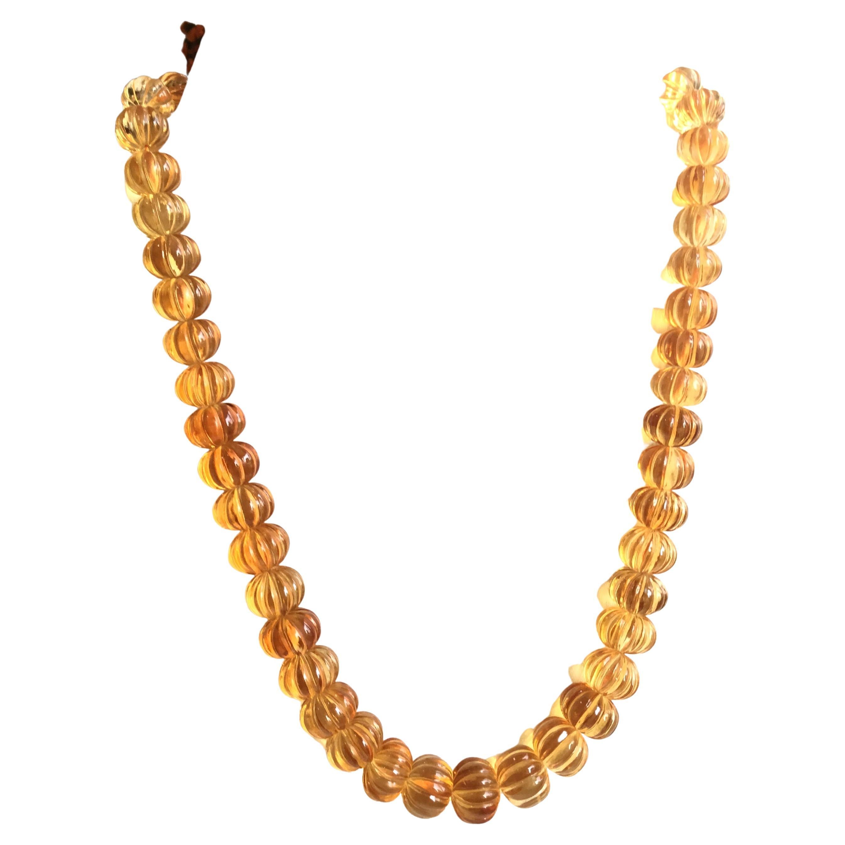Top Quality Citrine Carved Melon Beads Natural Gemstone Necklace