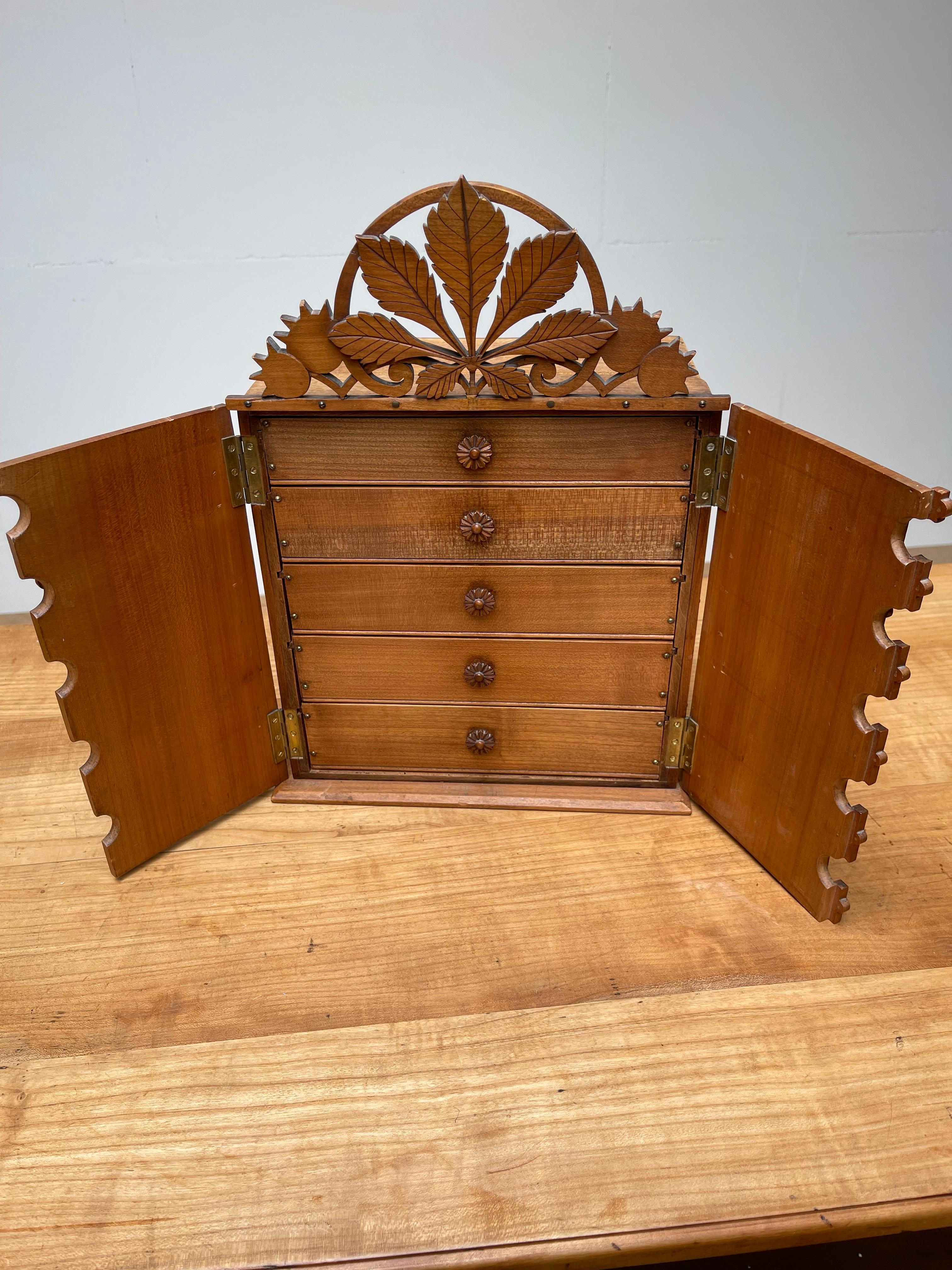 Top Quality Early 1900s Miniature Arts and Crafts Drawers Cabinet, Chestnut Leaf 1