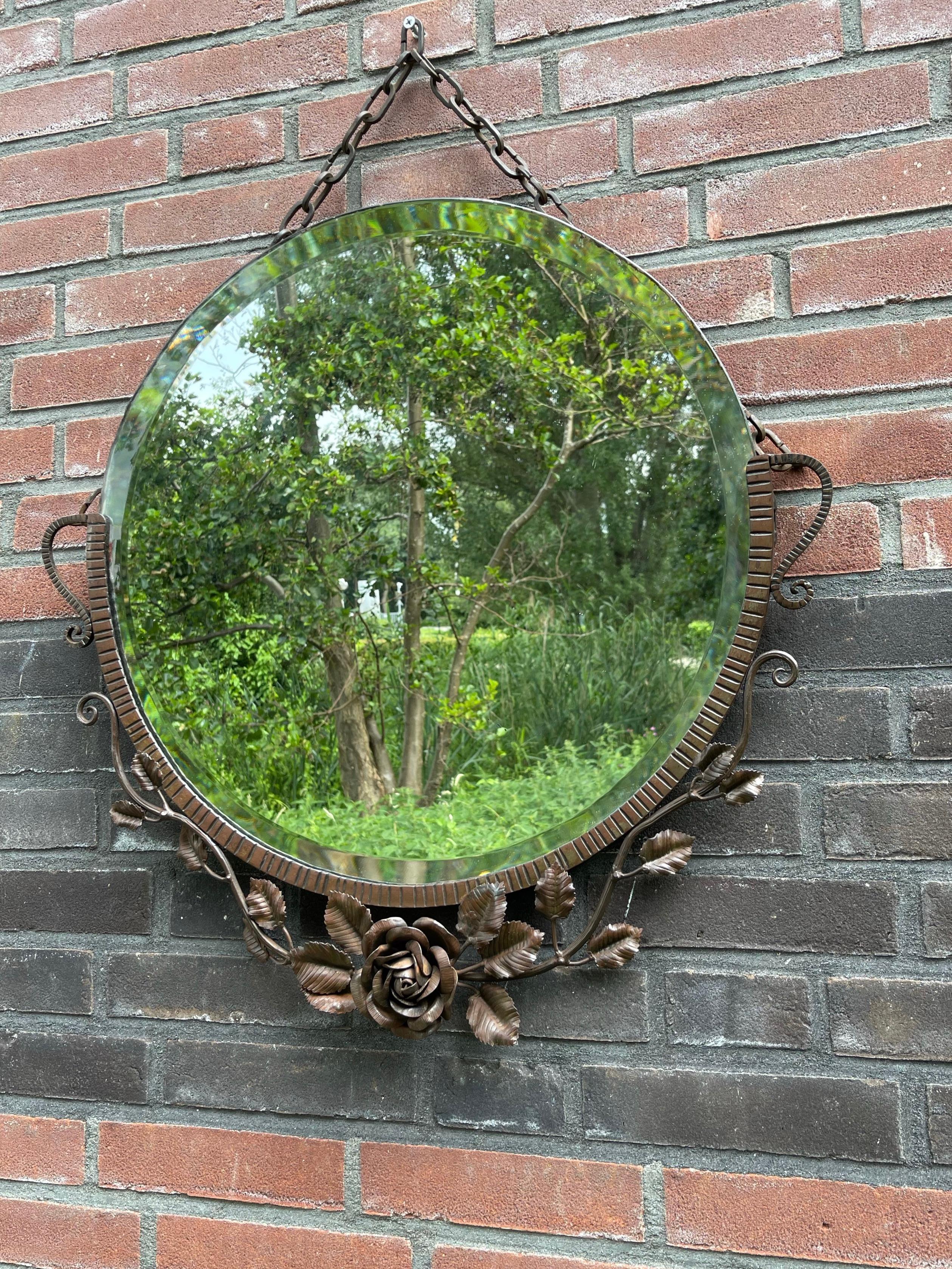 Top Quality French Art Deco Wrought Iron Beveled Wall Mirror w. Hand Forged Rose For Sale 8