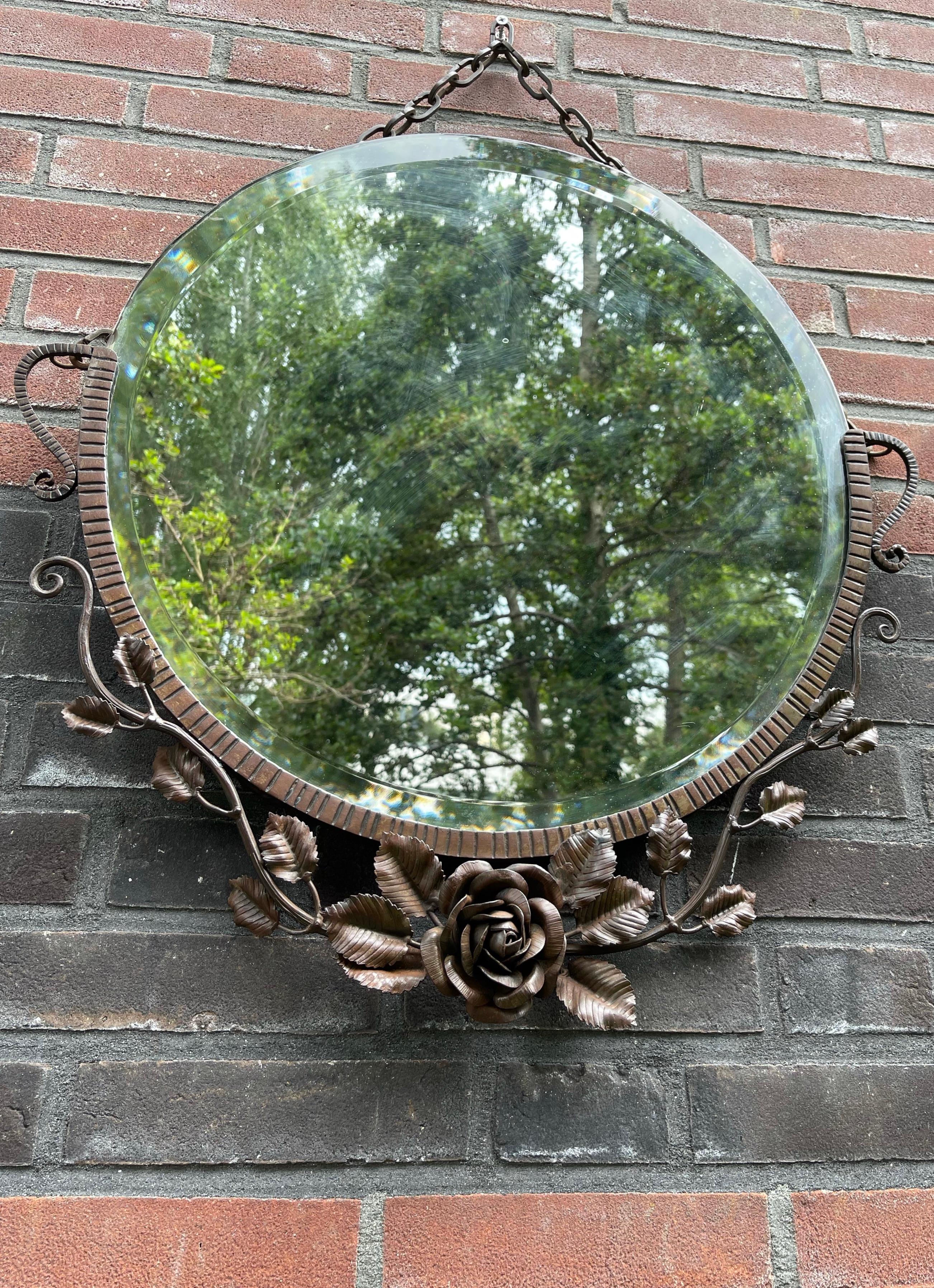 Patinated Top Quality French Art Deco Wrought Iron Beveled Wall Mirror w. Hand Forged Rose For Sale