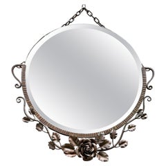 Top Quality French Art Deco Wrought Iron Beveled Wall Mirror w. Hand Forged Rose