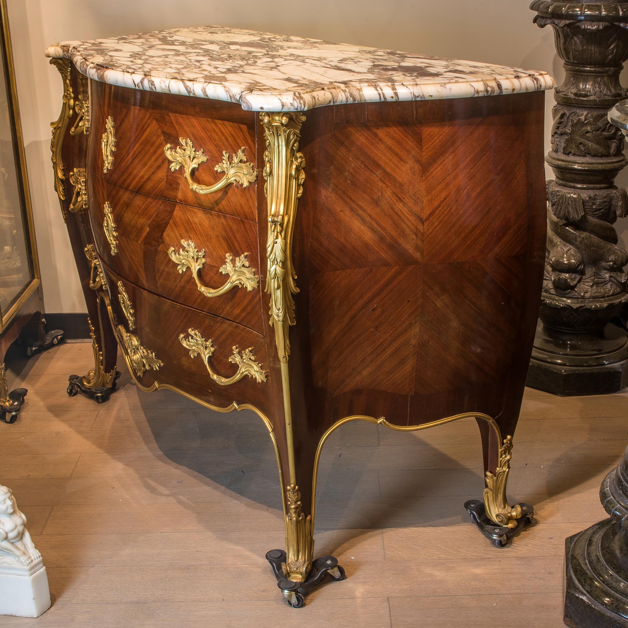 20th Century  French Louis XV-Style Gilt Bronze Marble Top Mounted Commode For Sale