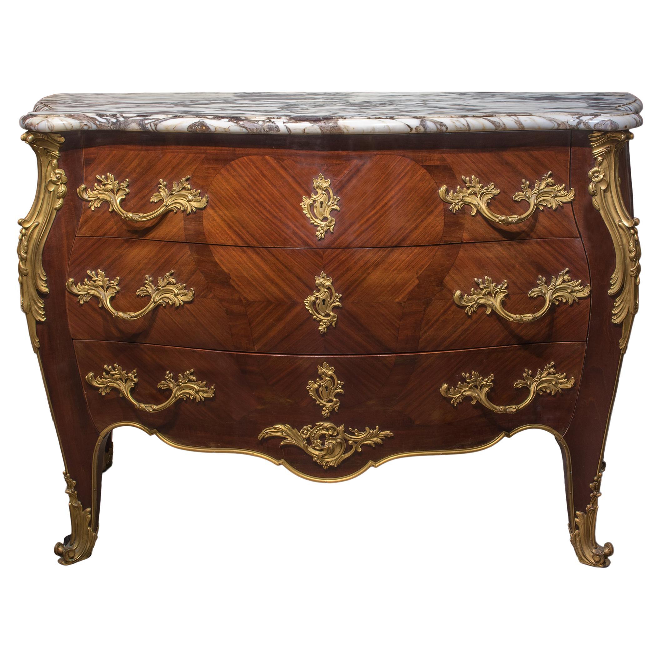 French Louis XV-Style Gilt Bronze Marble Top Mounted Commode For Sale