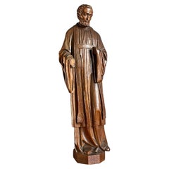 Sculpture de Saint ou Saint Homme en chêne antique, sculptée à la main, de qualité supérieure. Les mains manquantes