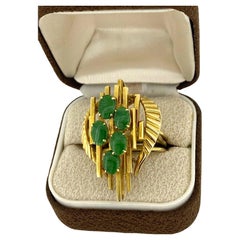 Top Quality Natural Jadeite Cluster Big Ring in 14K Yellow Gold. Retro, c1950's.
