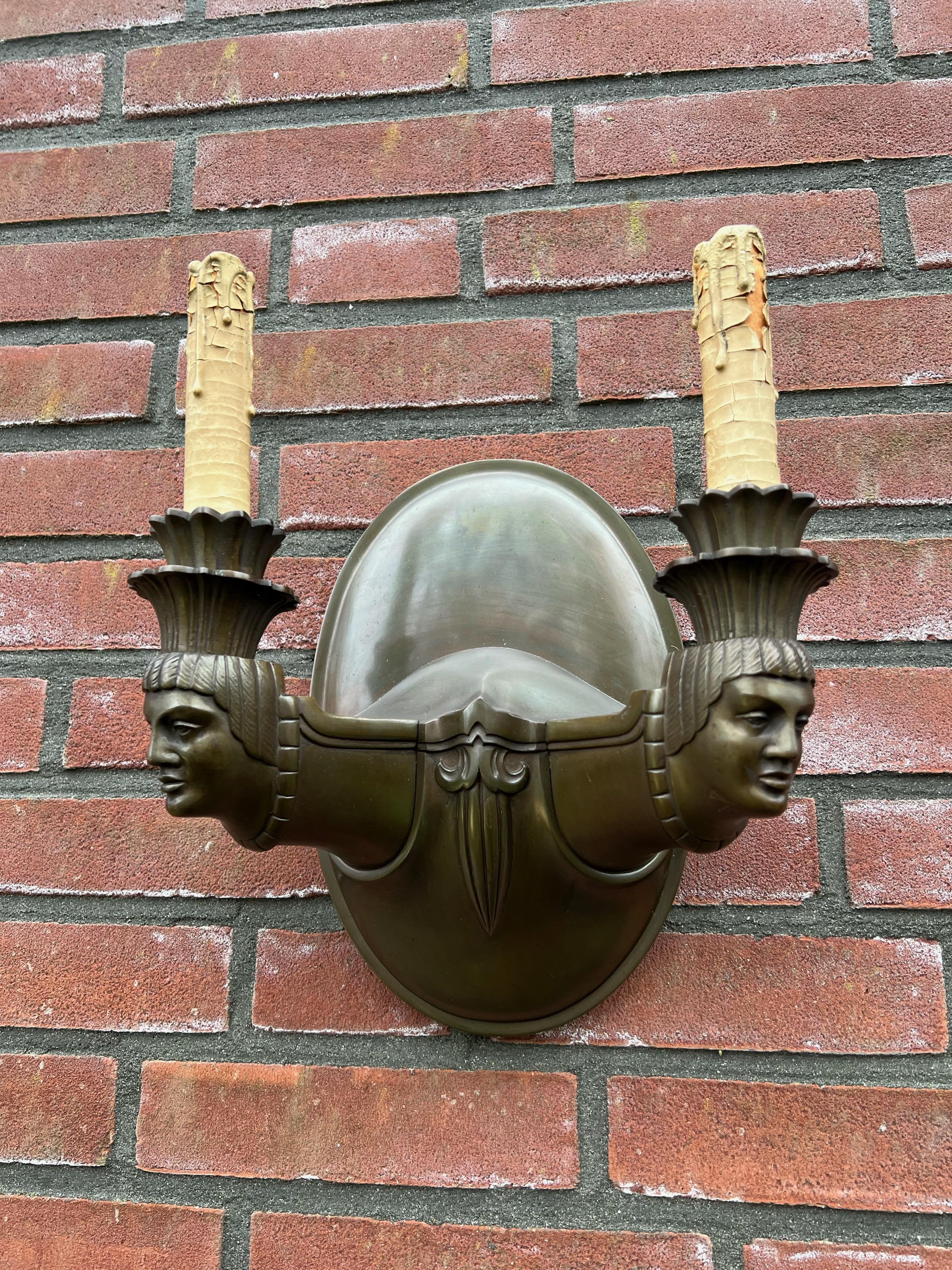 European Top Quality Pair of Two-Light Art Deco Sculptural Bronze Wall Sconces Lights For Sale