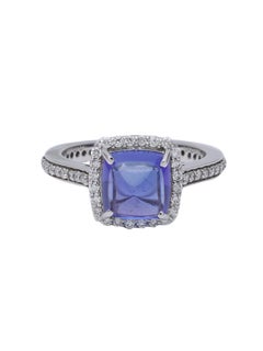 Top Quality Tanzanite Sugarloaf Cabochon Ring with Diamonds in 18 Karat Gold