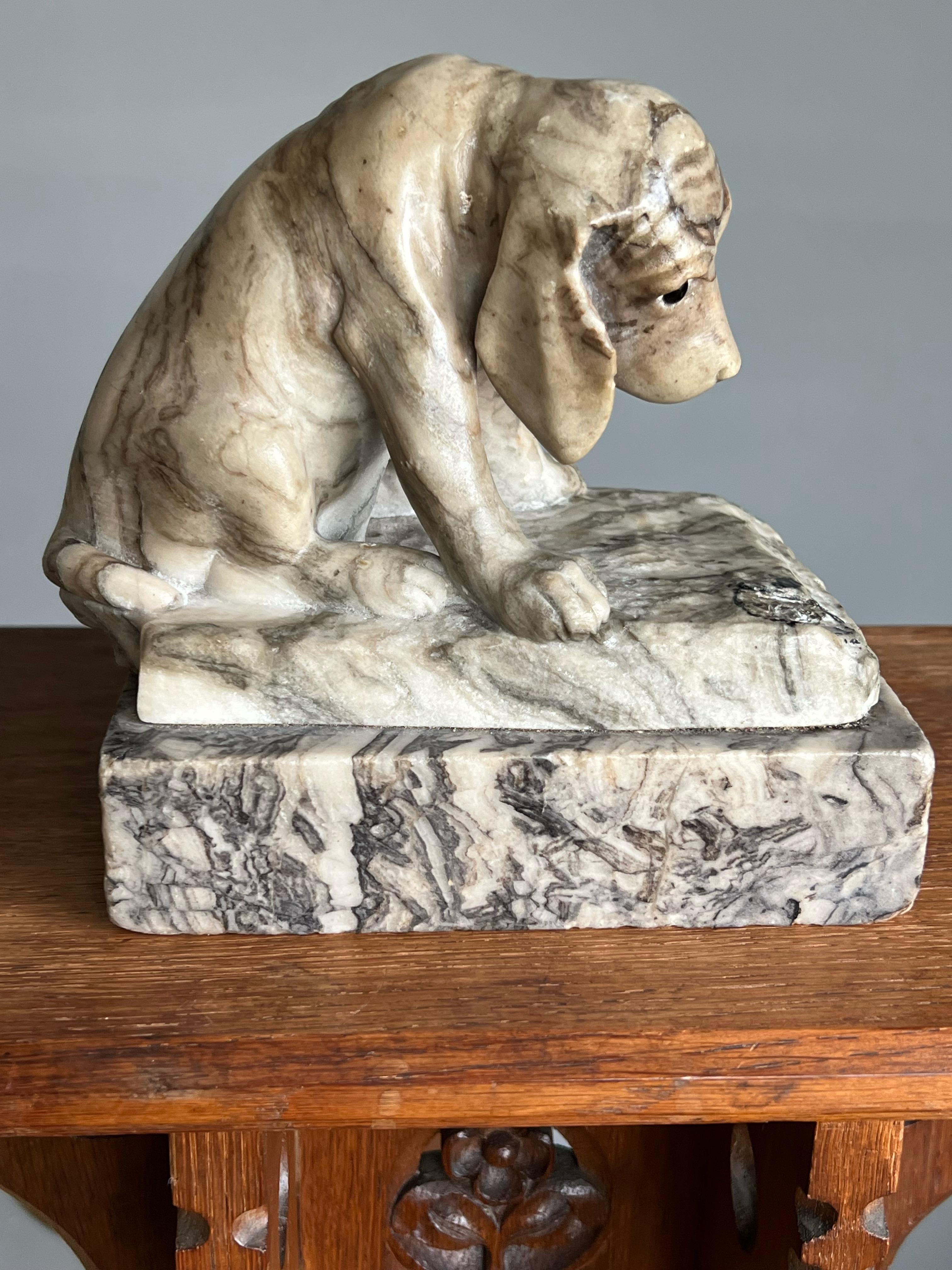 Marvelous and signed, sitting puppy dog sculpture with glass eyes.

This stunning alabaster puppy sculpture is another one of our recent great finds. If you have an eye for top quality hand-crafted sculptures of animals in general and of dogs in