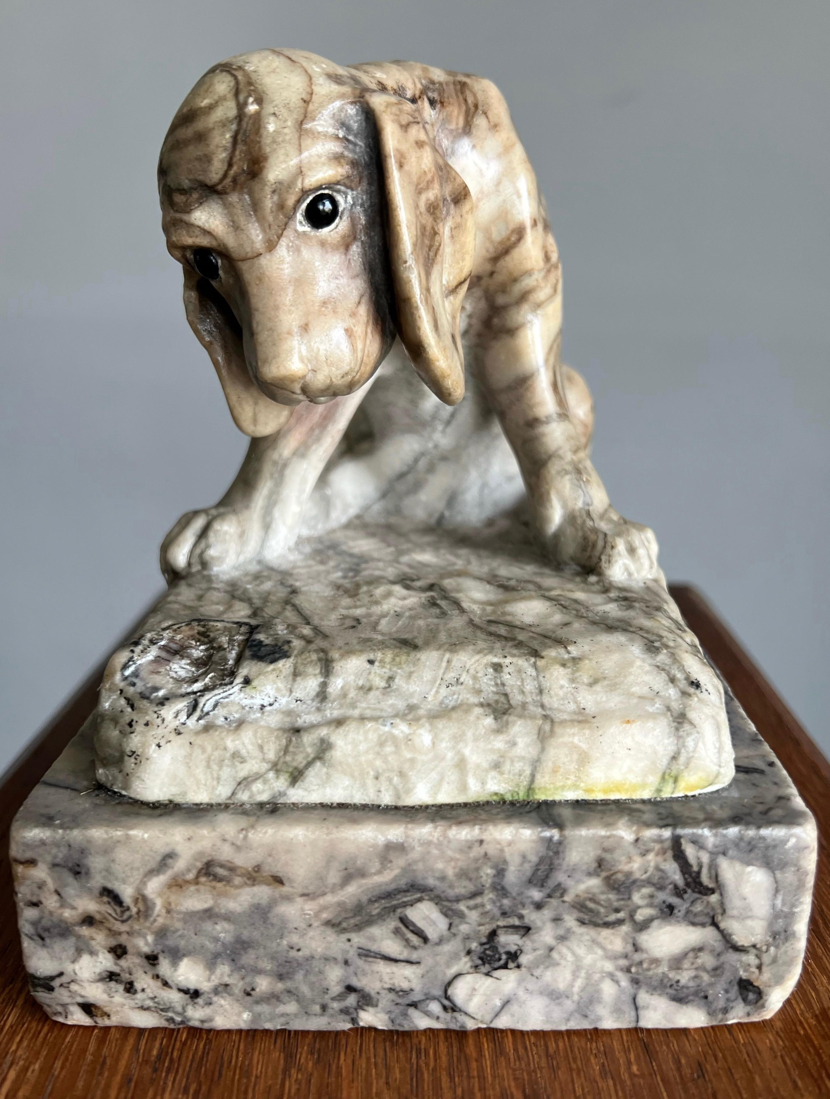 Arts and Crafts Top Quality Workmanship Antique Signed Alabaster Puppy Sculpture by Ernst Beck For Sale