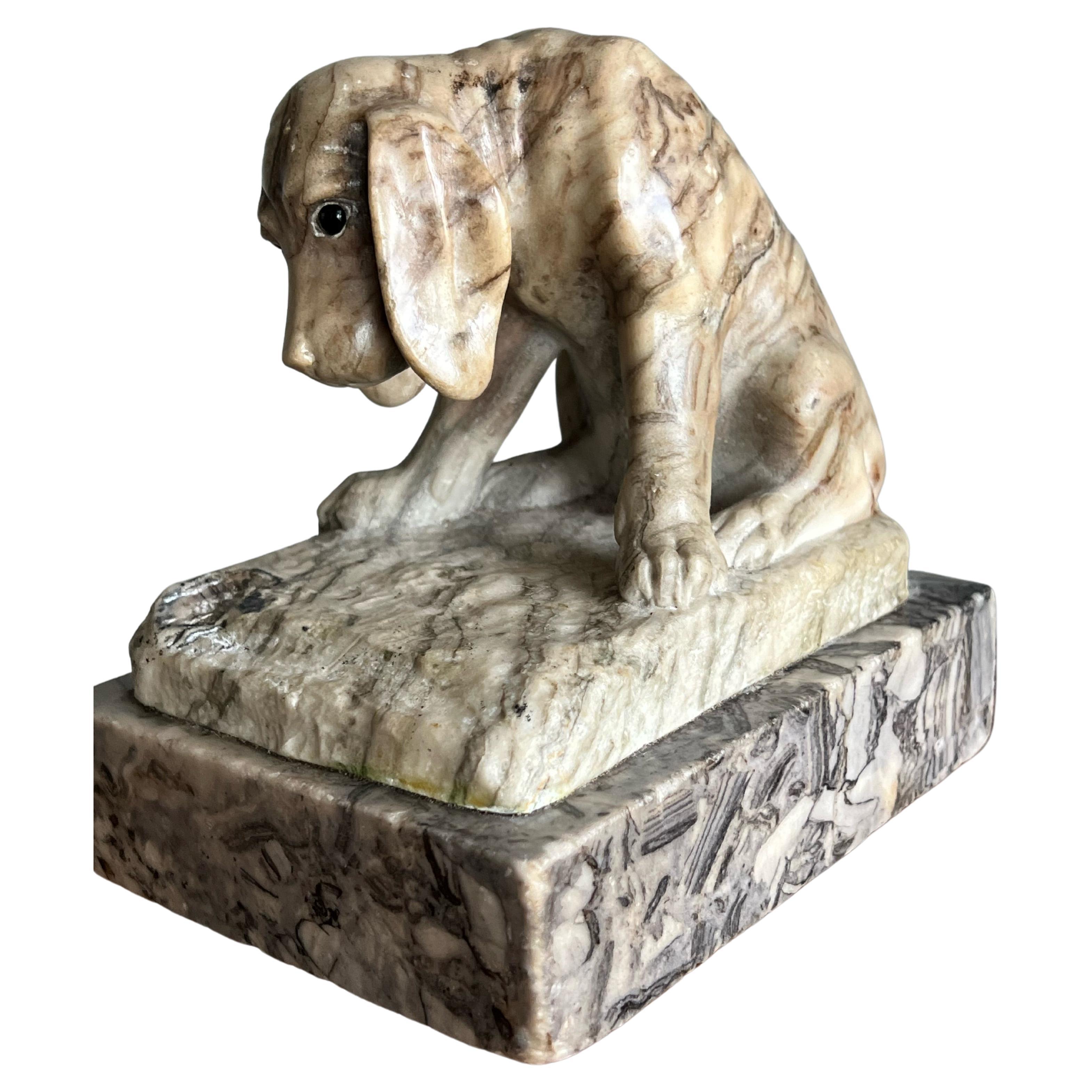 Top Quality Workmanship Antique Signed Alabaster Puppy Sculpture by Ernst Beck For Sale