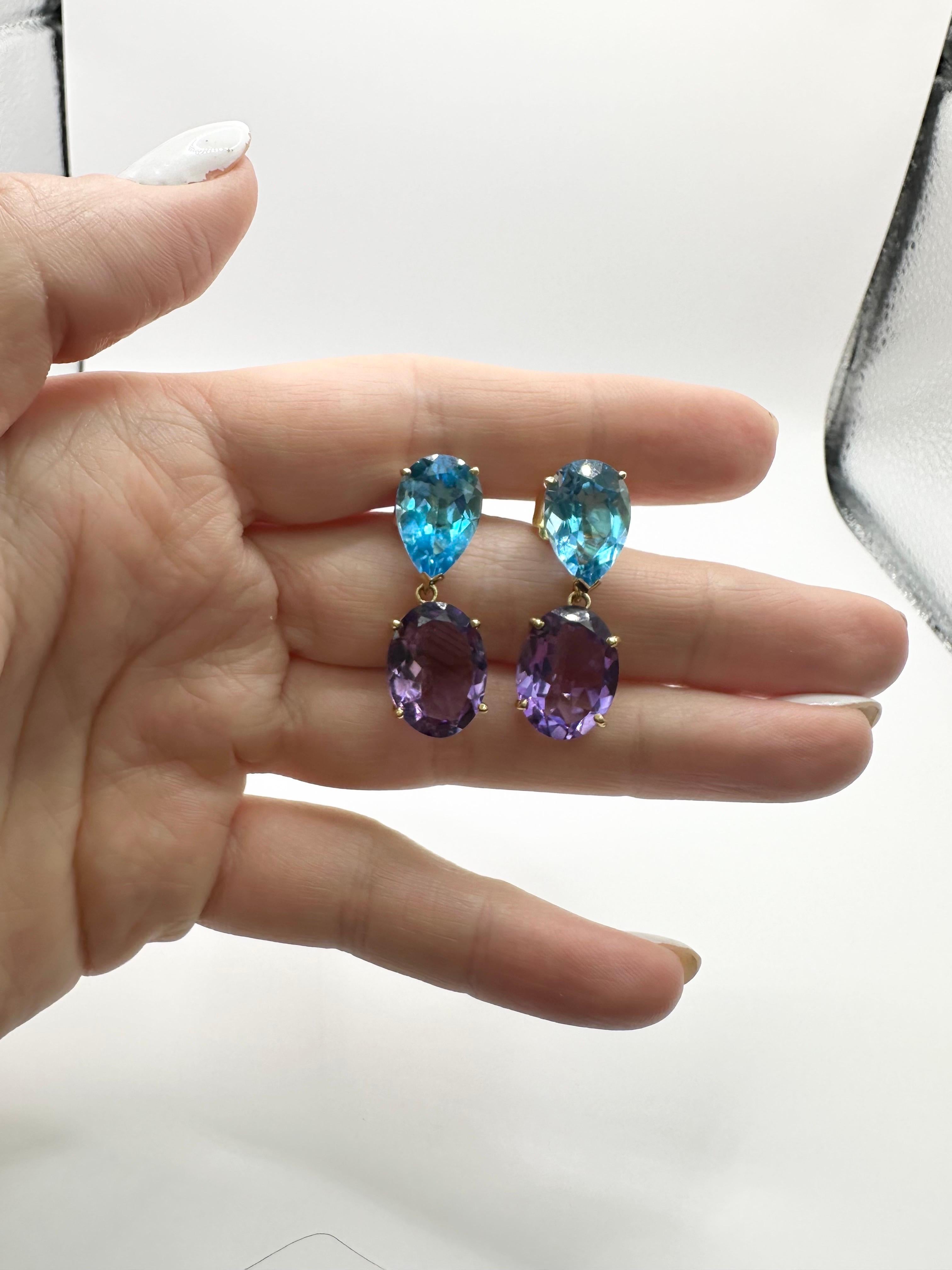 Women's or Men's Topaz Amethyst earrings 14KT yellow gold For Sale