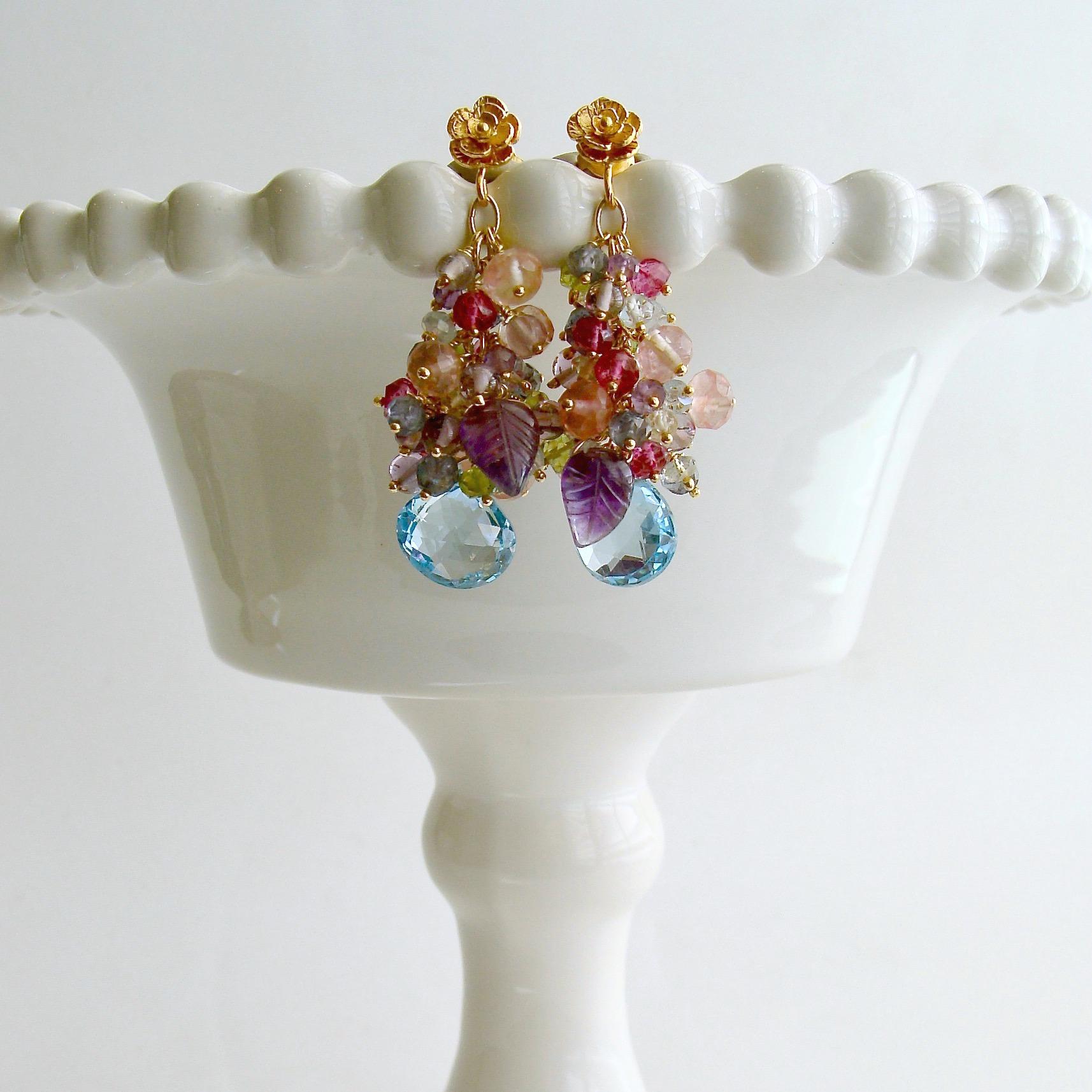 Artisan Topaz, Amethyst, Lemon/Cherry Quartz, Peridot, Iolite Cluster Earrings