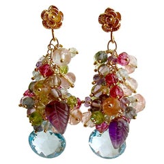 Topaz, Amethyst, Lemon/Cherry Quartz, Peridot, Iolite Cluster Earrings