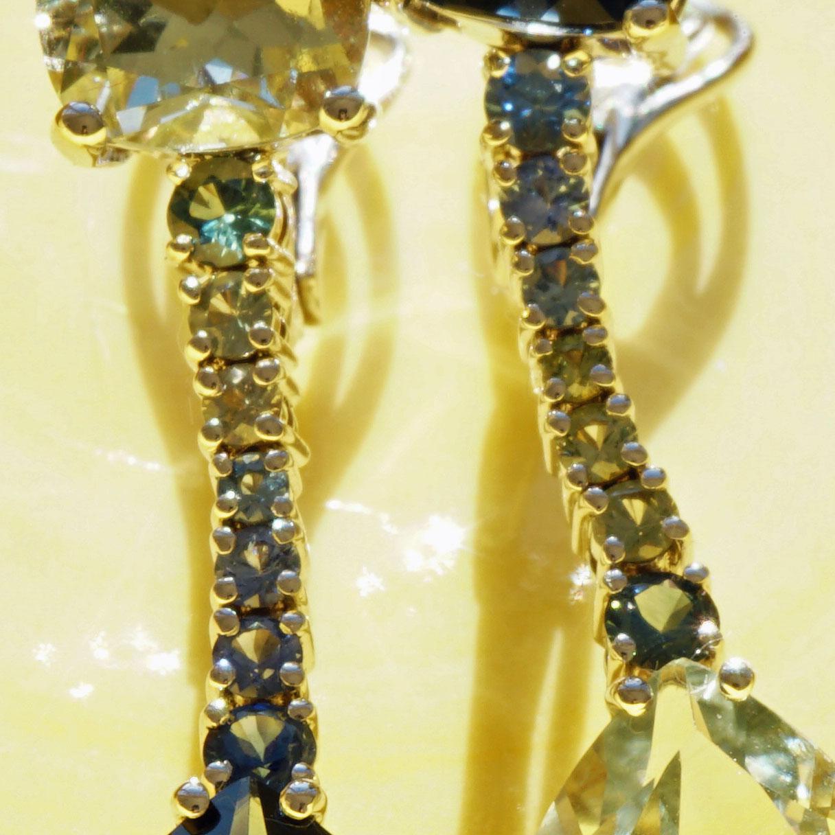 Magnificent earrings made by a traditional Italian goldsmith in Valenza, it is a kind of magic, each with a blue topaz oval faceted in the color London Blue and a greenish amethyst drop (Prasiolite) with the opposite color as a cushion, total