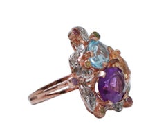 Topaz, Amethysts, Tourmaline, Diamonds, Rose Gold and Silver Ring.