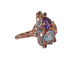 Topaz, Amethysts, Tsavorite, Diamonds, Rose Gold and Silver Ring.