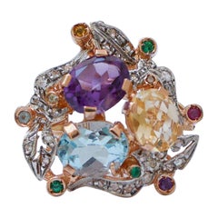 Topaz, Amethysts, Tsavorite, Diamonds, Rose Gold and Silver Ring.