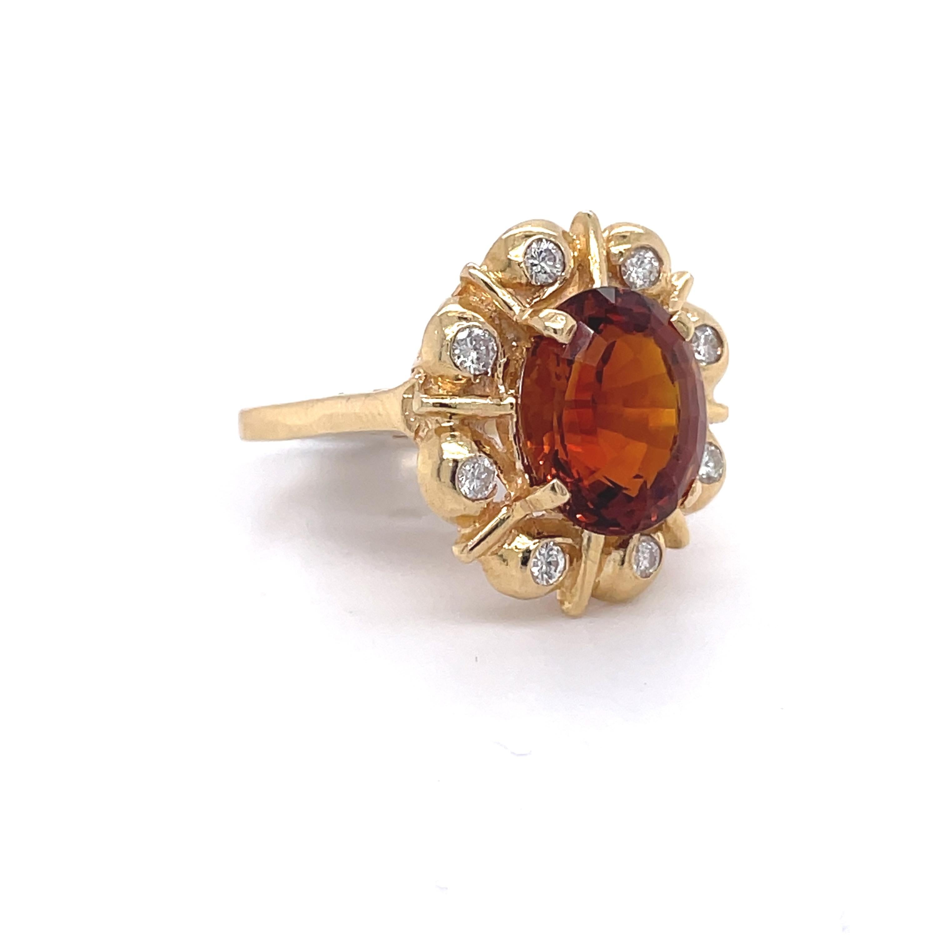 Topaz and Diamond Vintage Ring 5 Ct Oval Topaz, 10k Yellow Gold, Cocktail Ring In Excellent Condition For Sale In Ramat Gan, IL