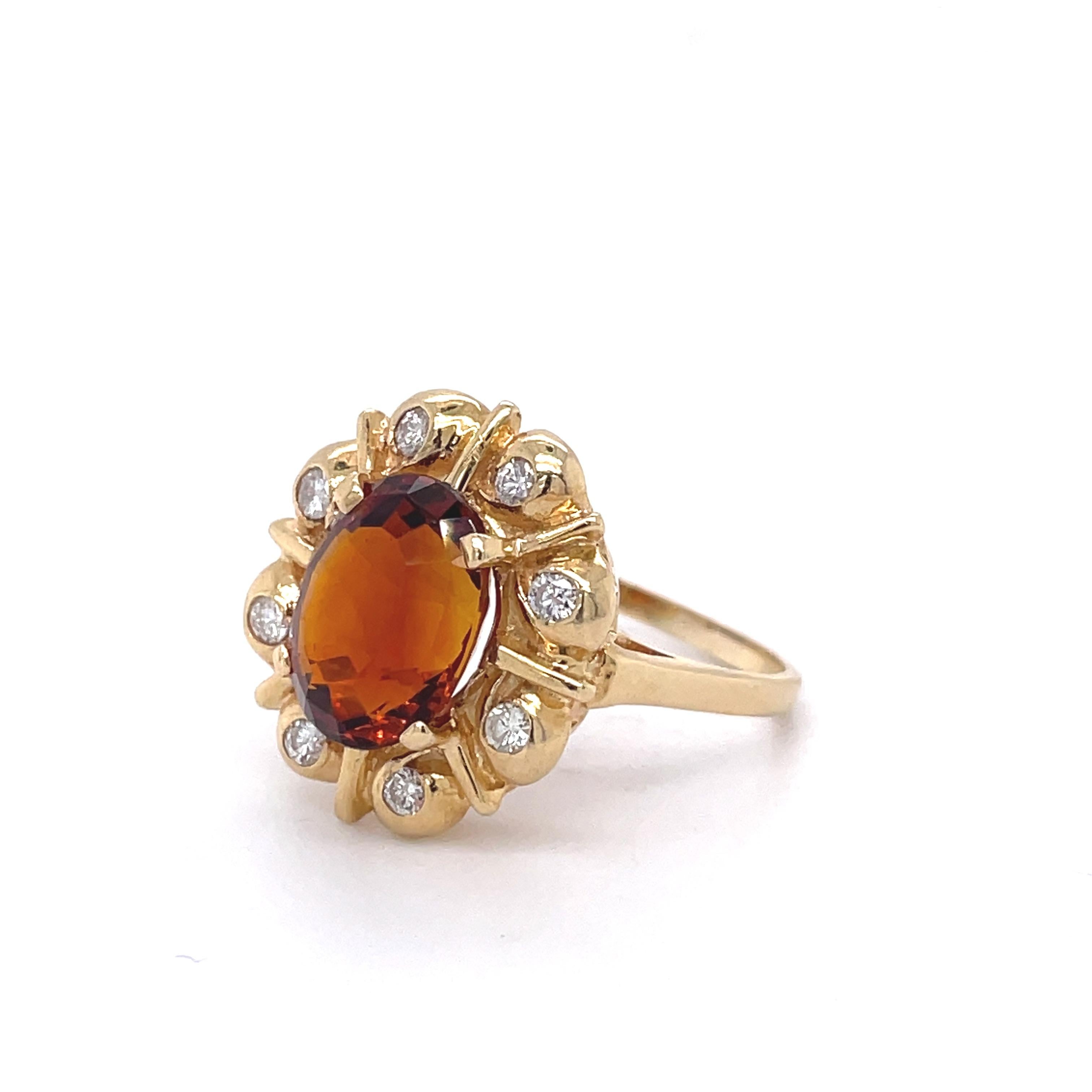 Topaz and Diamond Vintage Ring 5 Ct Oval Topaz, 10k Yellow Gold, Cocktail Ring For Sale 3