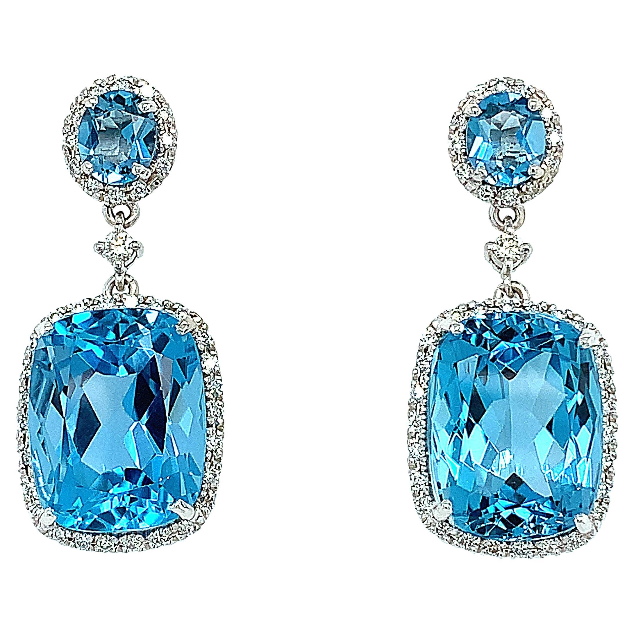 Topaz and diamonds art deco drop earrings 18k white gold For Sale