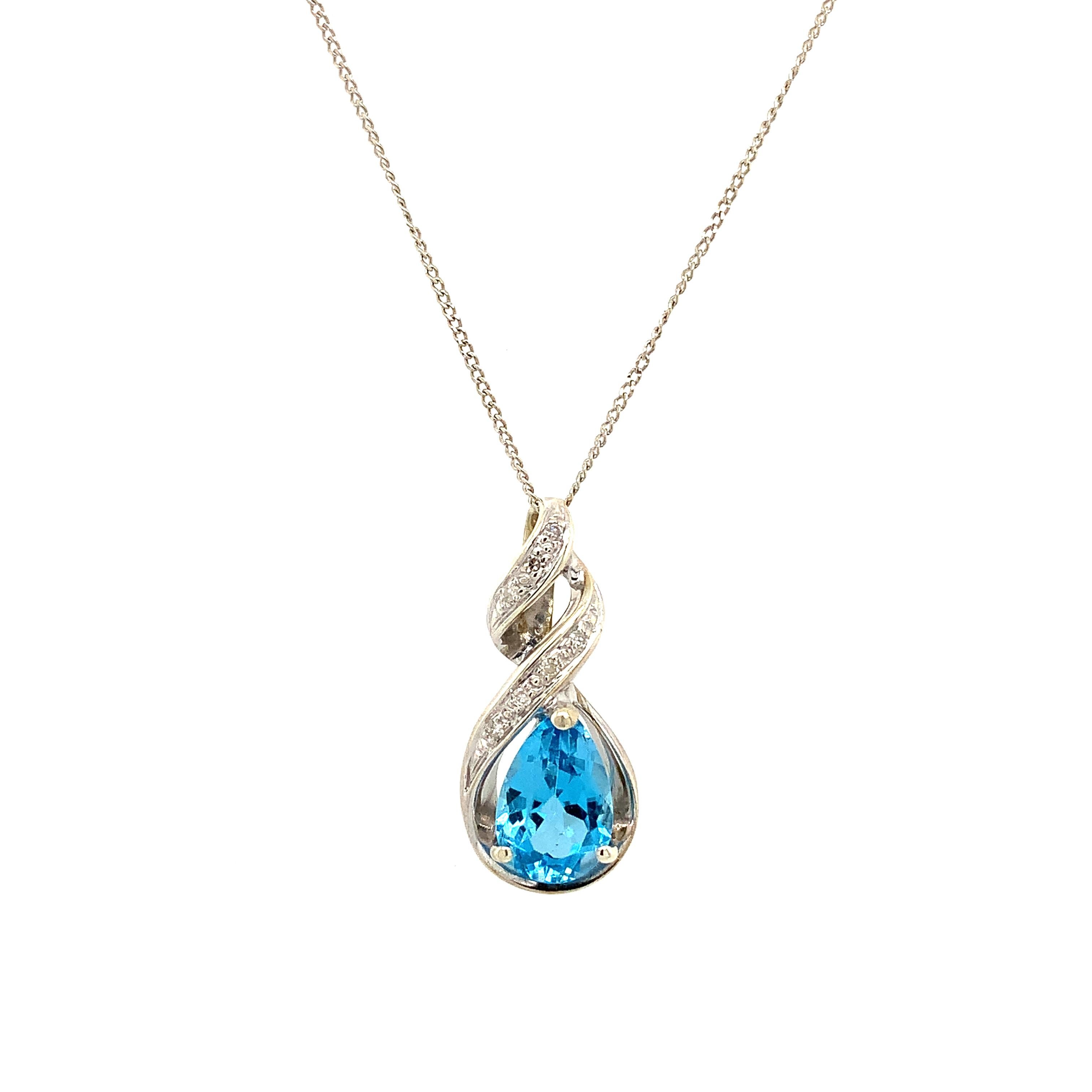 Pear Cut Topaz and diamonds art deco drop pendant necklace white gold For Sale