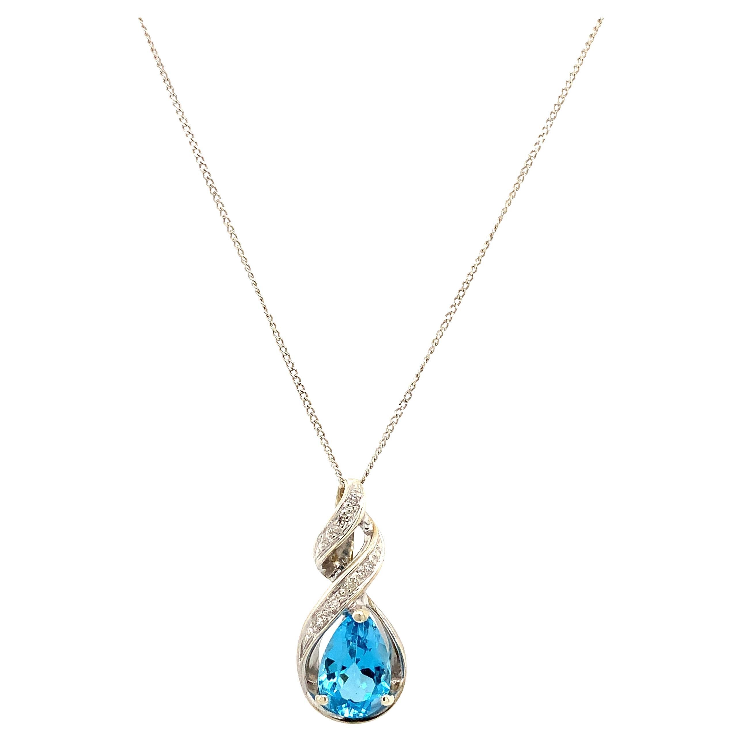 Topaz and diamonds art deco drop pendant necklace white gold