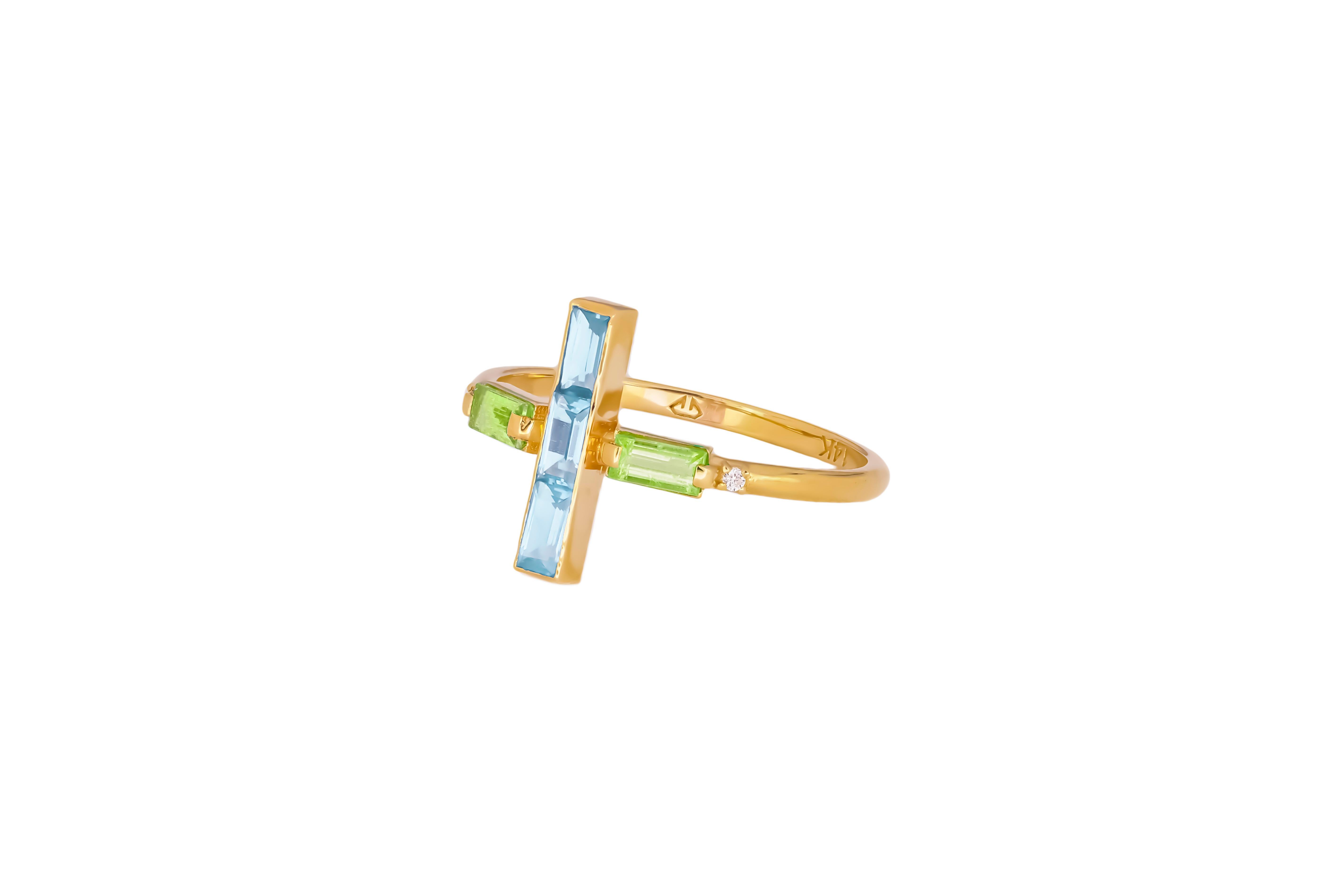Baguette Cut Topaz and peridot 14k gold ring.   For Sale