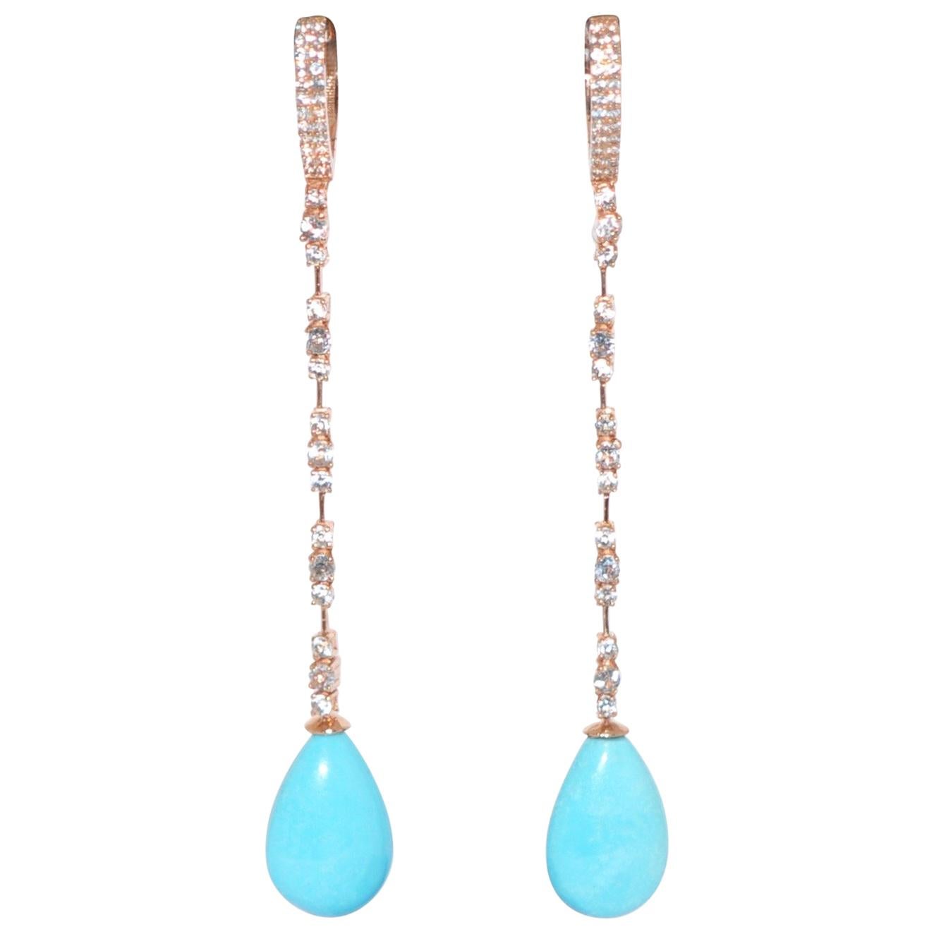 Topaz and Turquoise on Yellow Gold 18 Karat Chandelier Earrings
