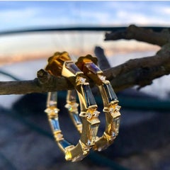 Topaz, Aqua, Labradorite and Diamond Tapered Baguette Hoops