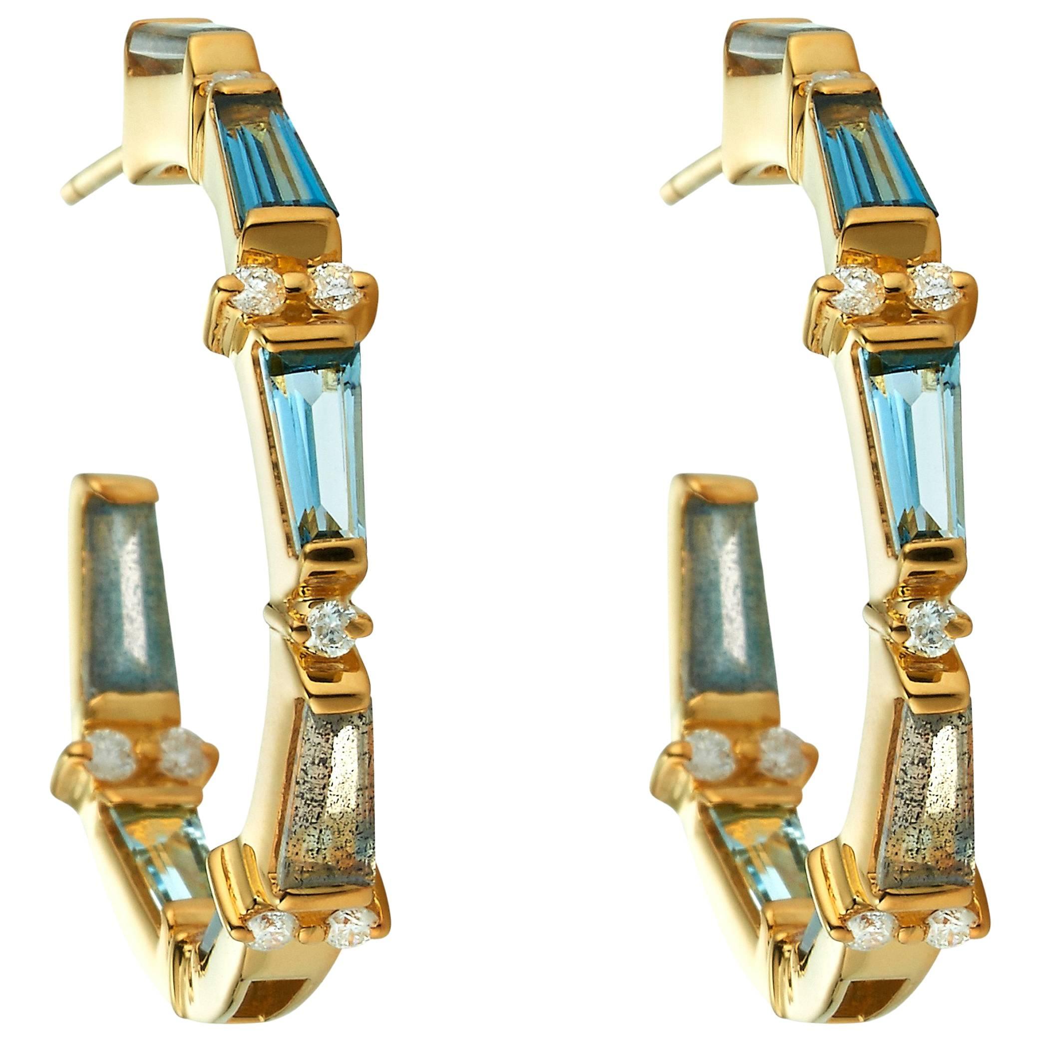Topaz, Aqua, Labradorite and Diamond Tapered Baguette Hoops For Sale