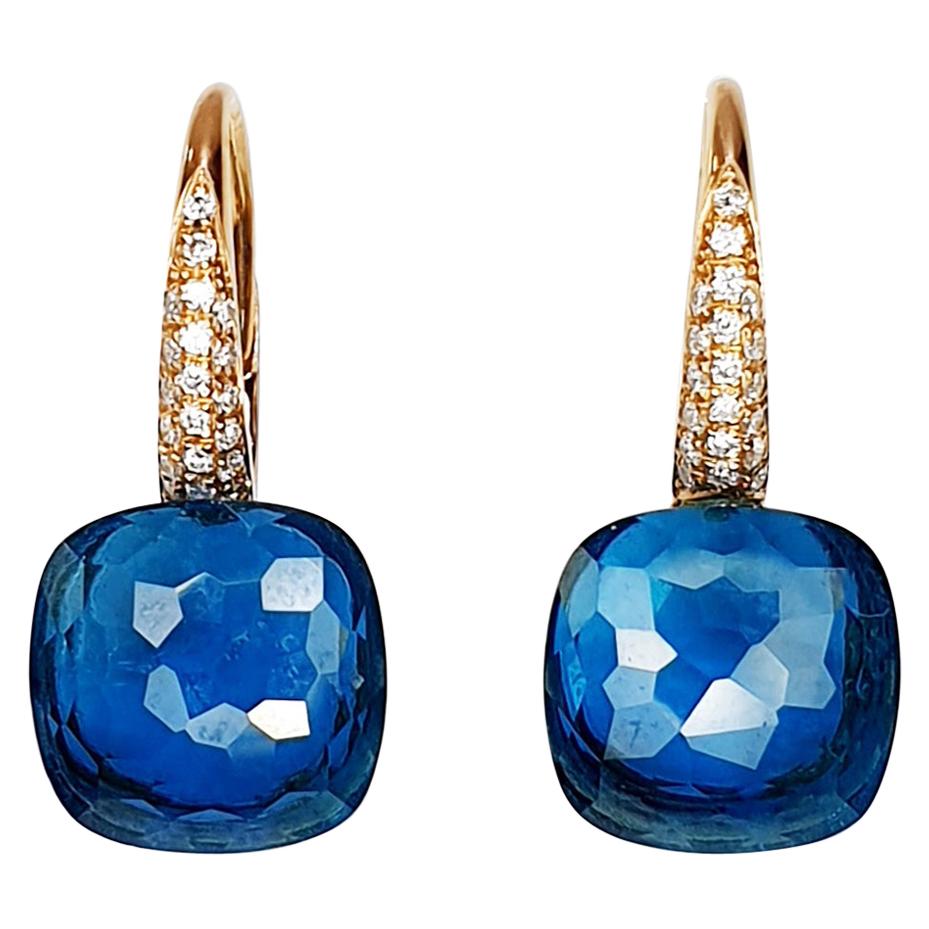 Topaz blue london Multifaceted 18k  Gold Dangle Earrings with Pavé of Diamonds