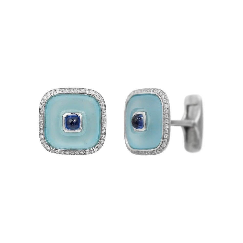 Round Cut Topaz Blue Sapphire 18 Karat White Gold Fine Jewelry Statement Cufflinks For Sale