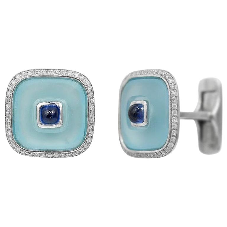 Topaz Blue Sapphire 18 Karat White Gold Fine Jewelry Statement Cufflinks For Sale