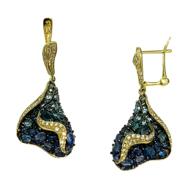 Topaz Blue Sapphire Diamond Designer Three-Stone Yellow Gold Dangle Earrings For Sale