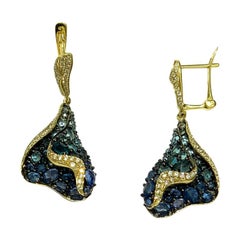 Topaz Blue Sapphire Diamond Designer Three-Stone Yellow Gold Dangle Earrings